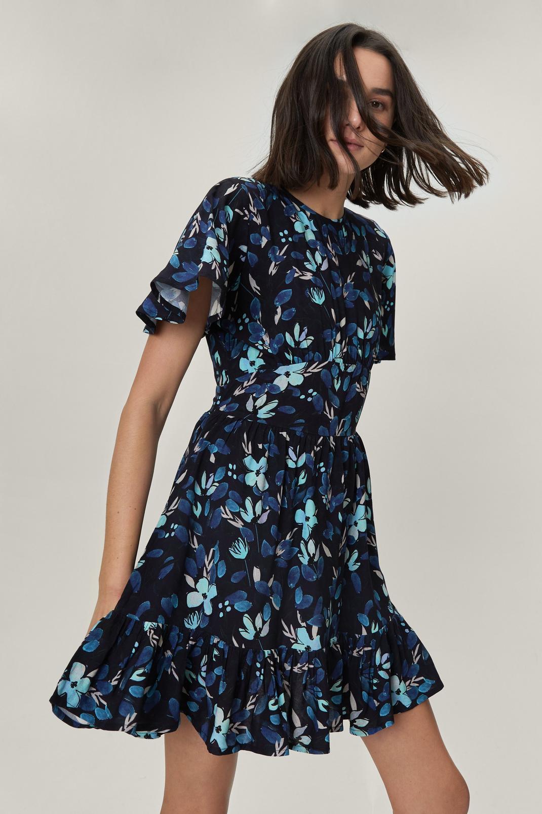 Floral Tie Ruffle Sleeve Mini Dress