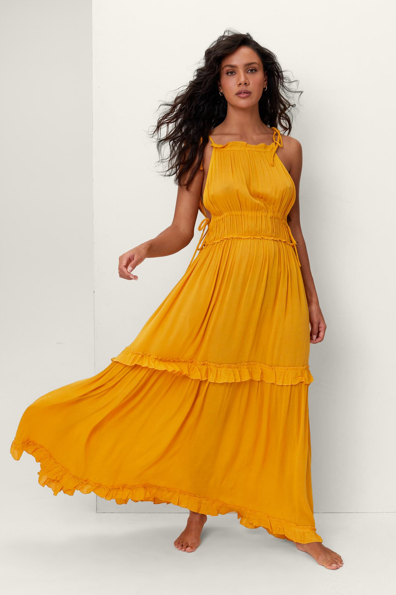 Crinkle Ruffle Tassel Maxi Cover Up Dress