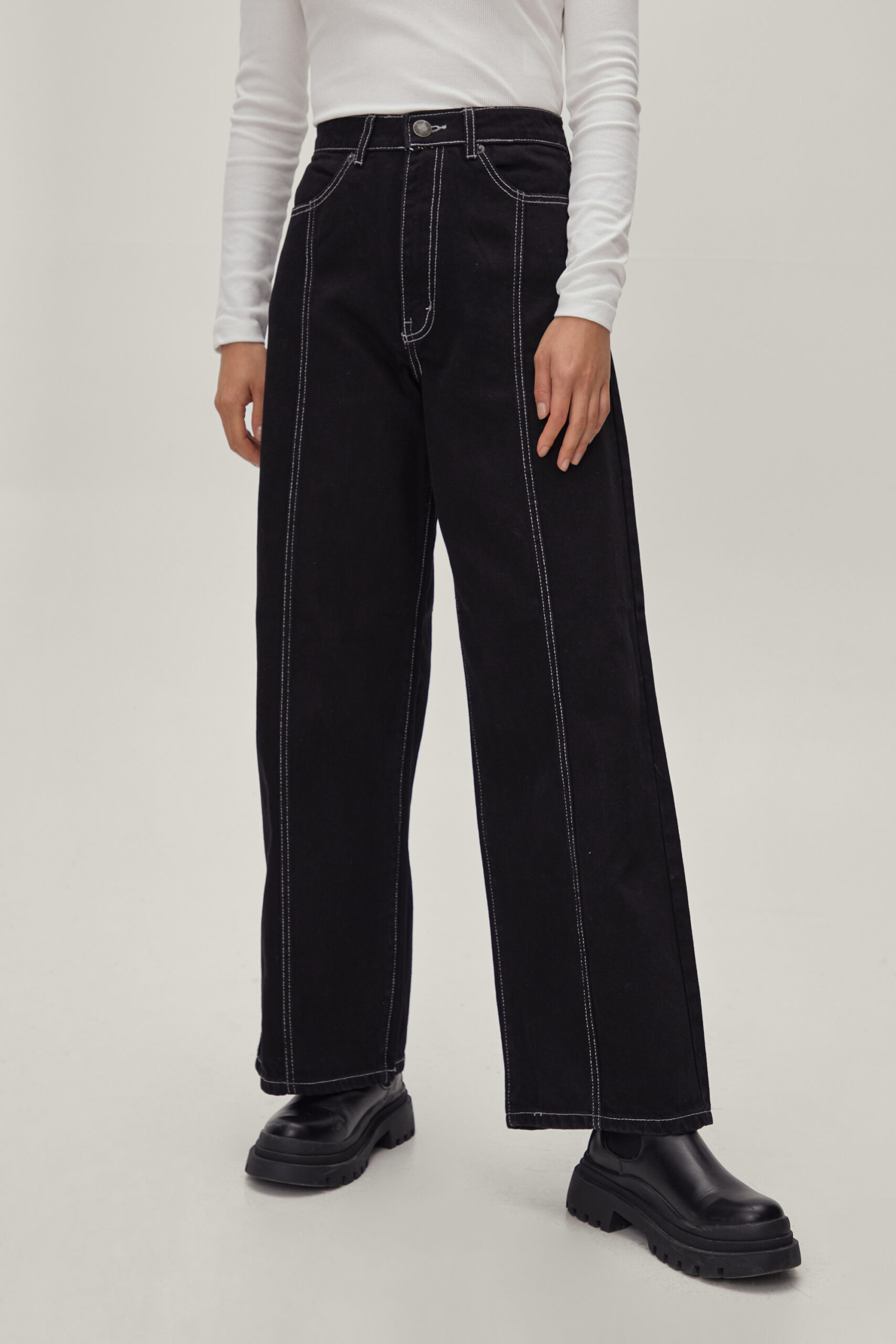 Organic Denim Stitch Front Wide Leg Jeans