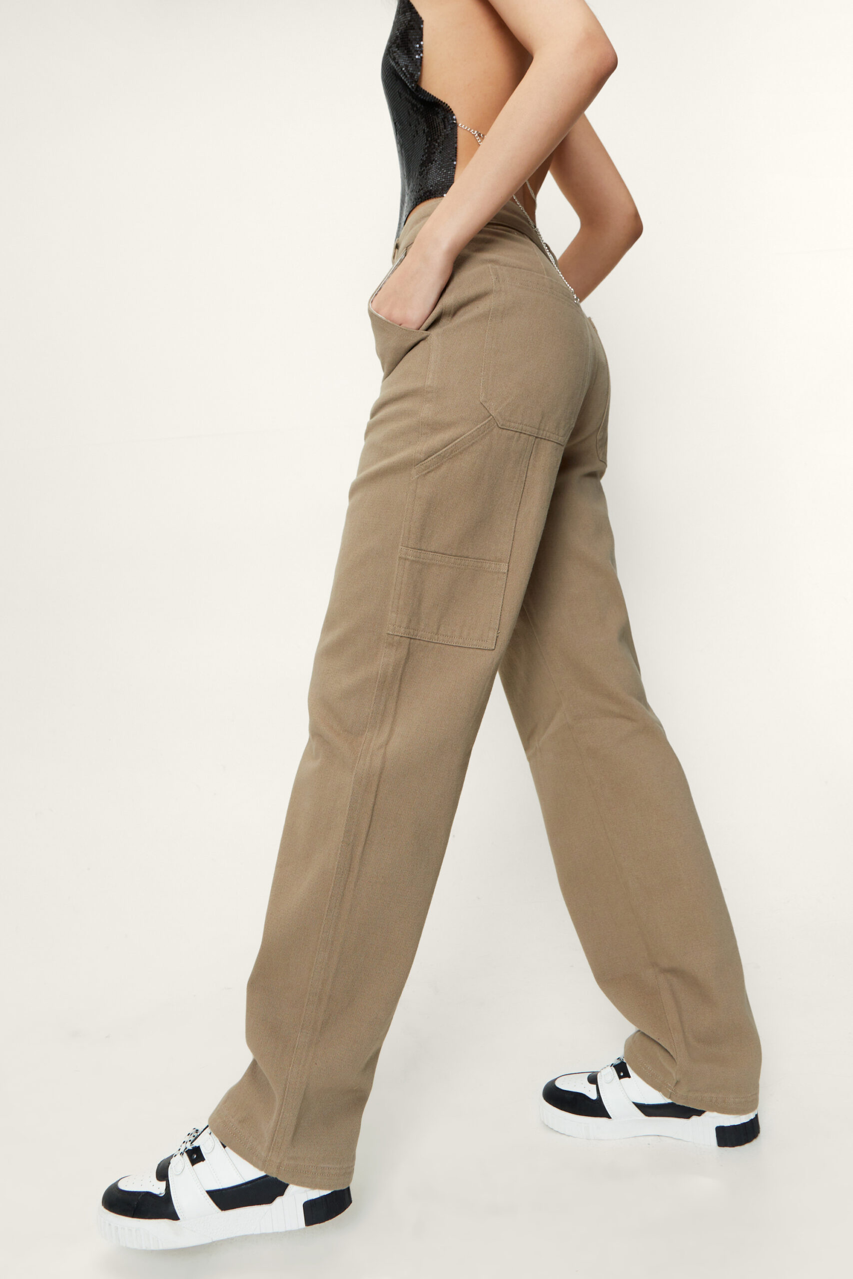 Folded Waist Straight Leg Cargo Pants