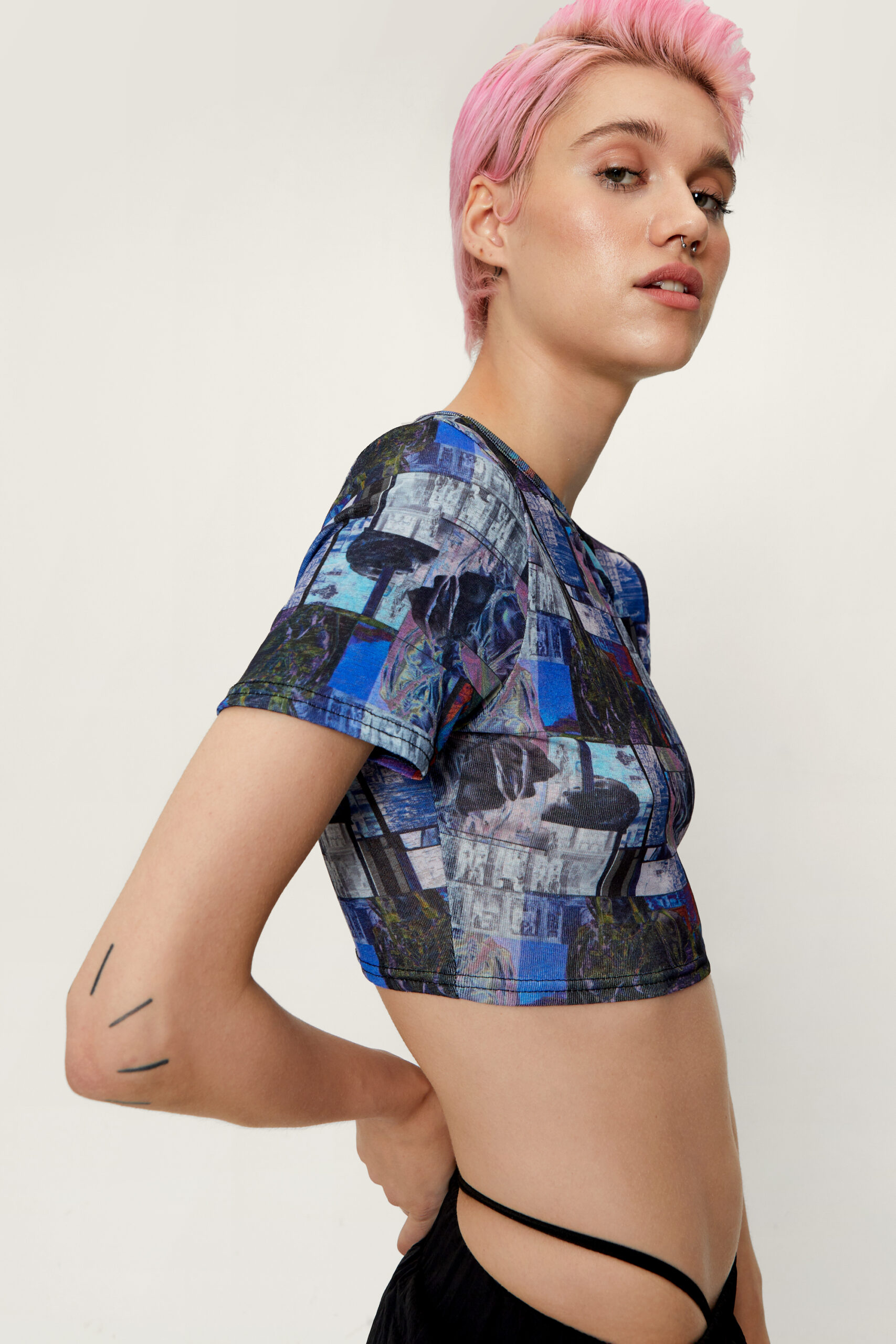 Printed Crepe Mesh Top