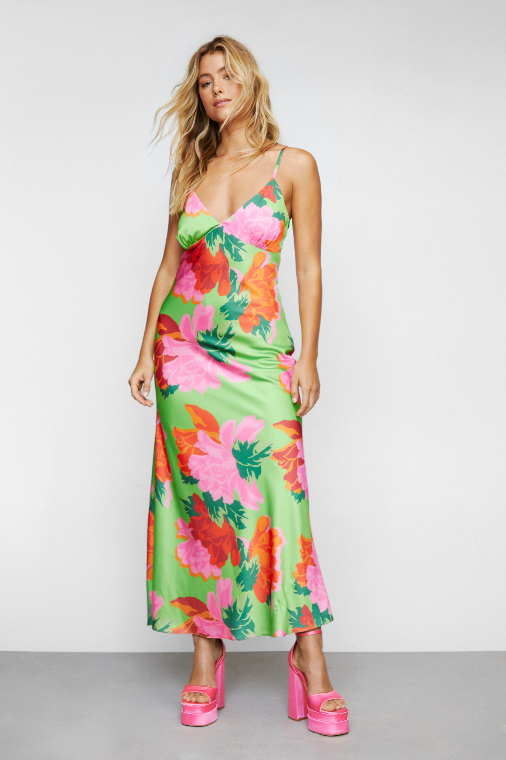 Bold Floral Print Satin Slip Maxi Dress 