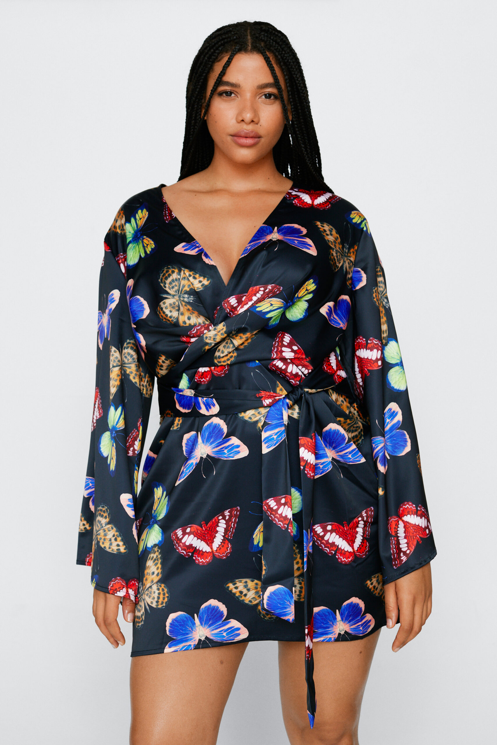 Plus Size Butterfly Print Angel Sleeve Dress