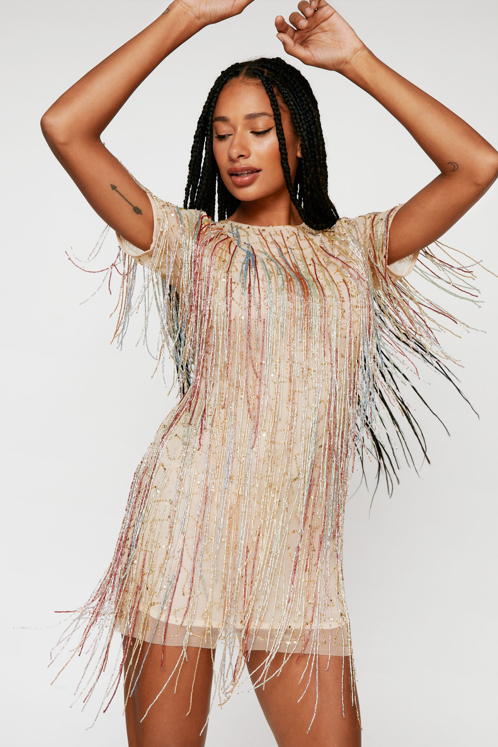 Tassel Beaded Mini Shift Dress