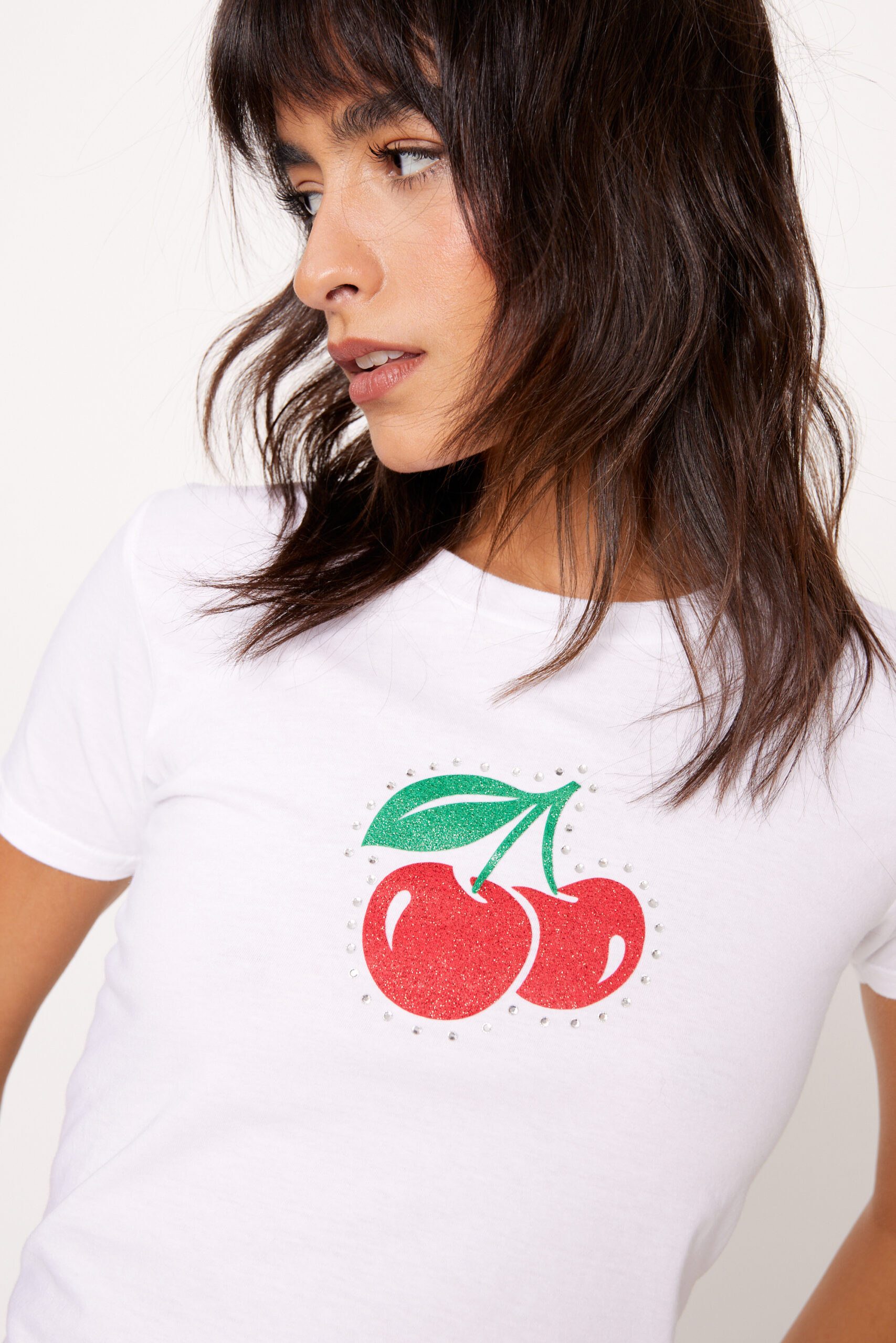 Cherry Glitter Diamante Baby Fit T-Shirt