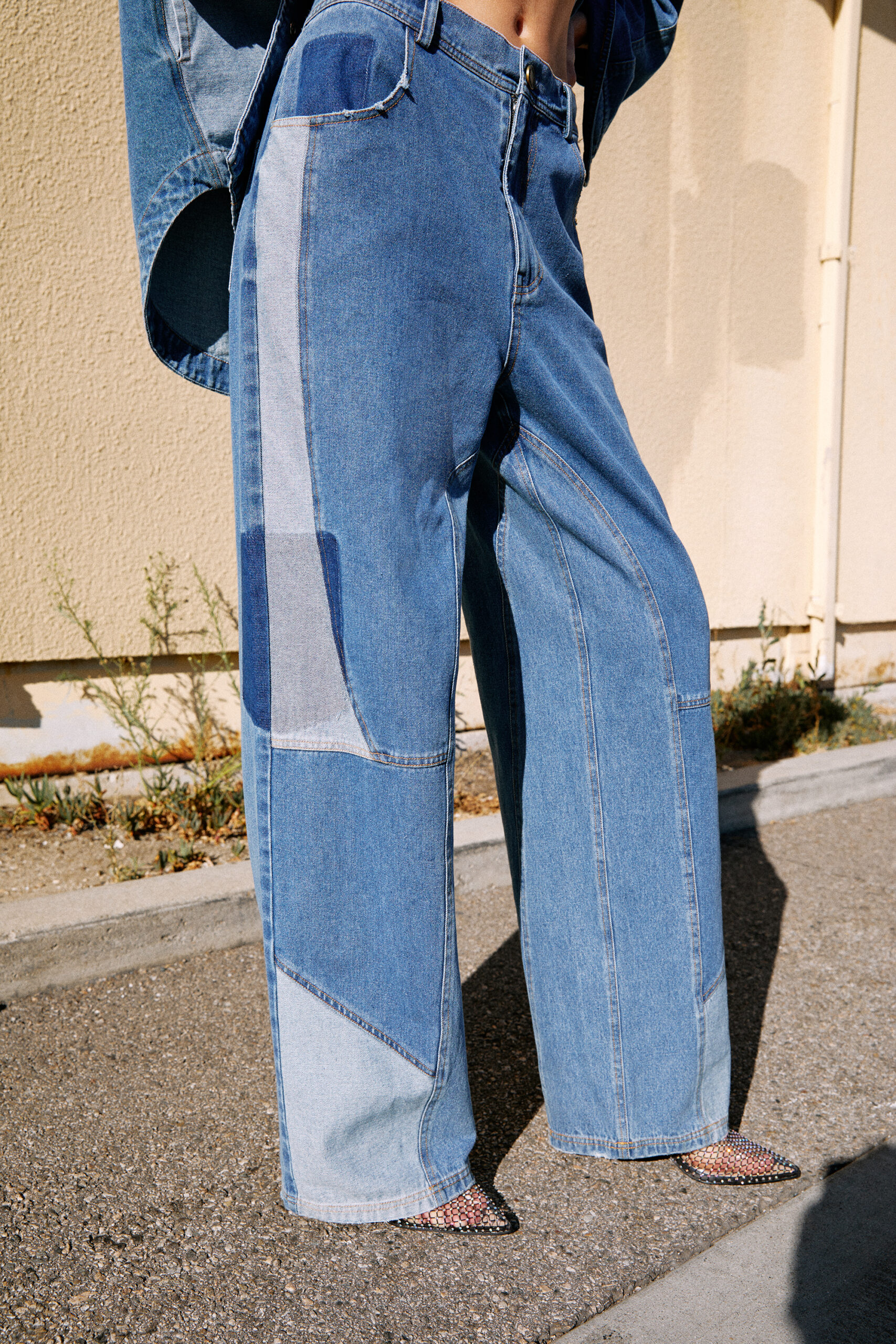 Patchwork Denim Straight Leg Jeans