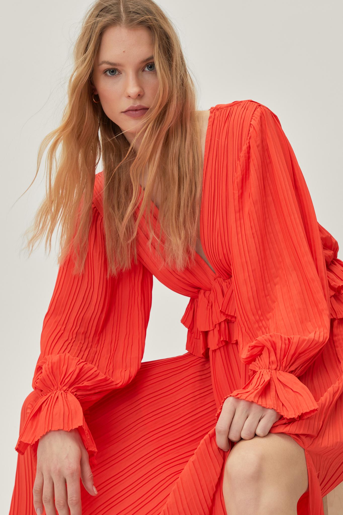 Ruffle Plunging Pleated Maxi Dress