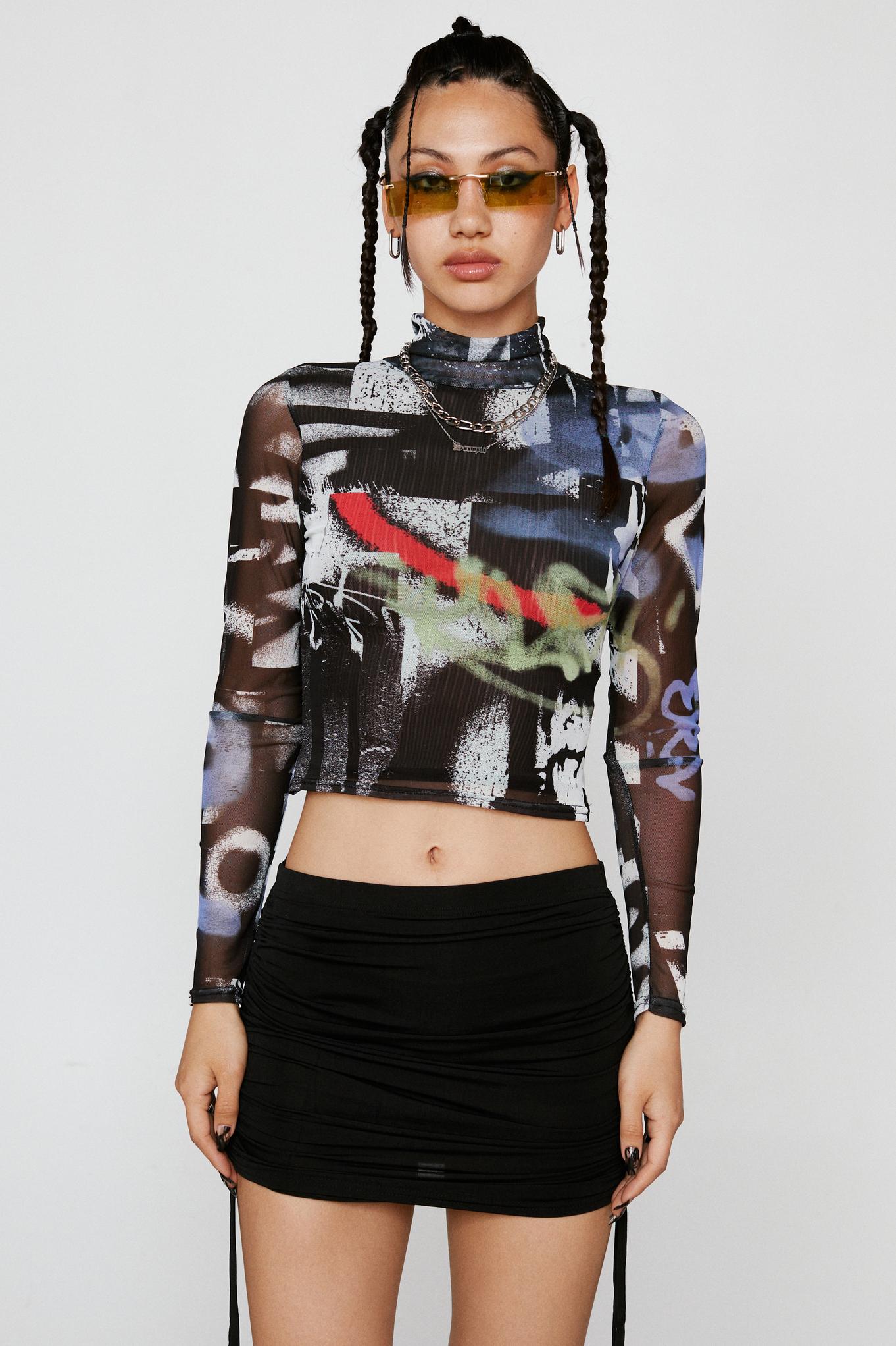 Graffiti Print Mesh Funnel Neck Top