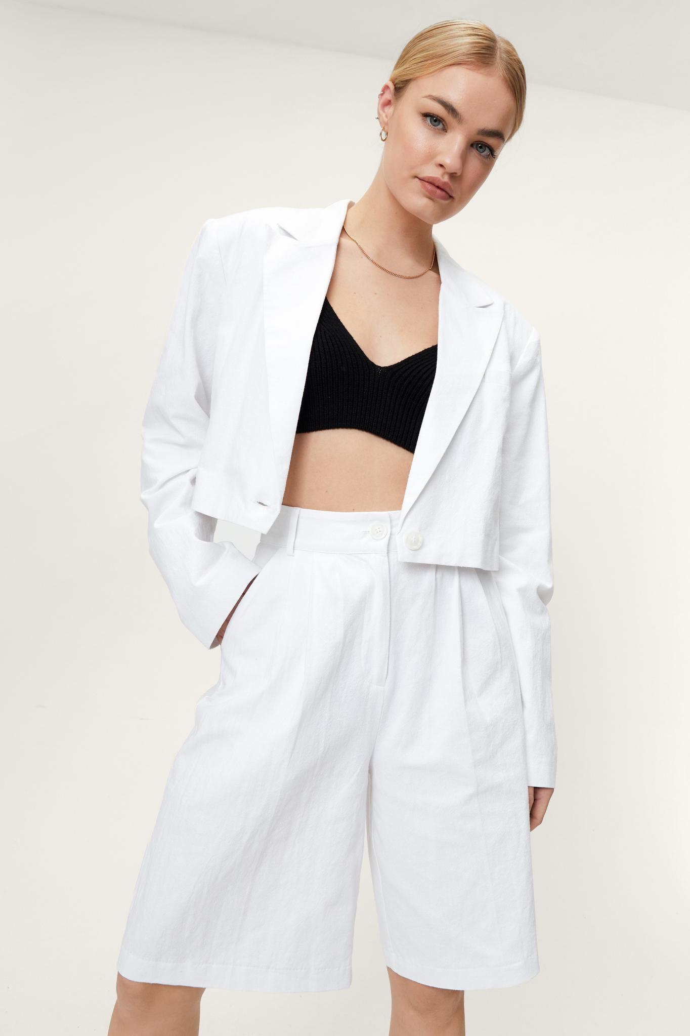 Cotton Shoulder Pad Cropped Blazer