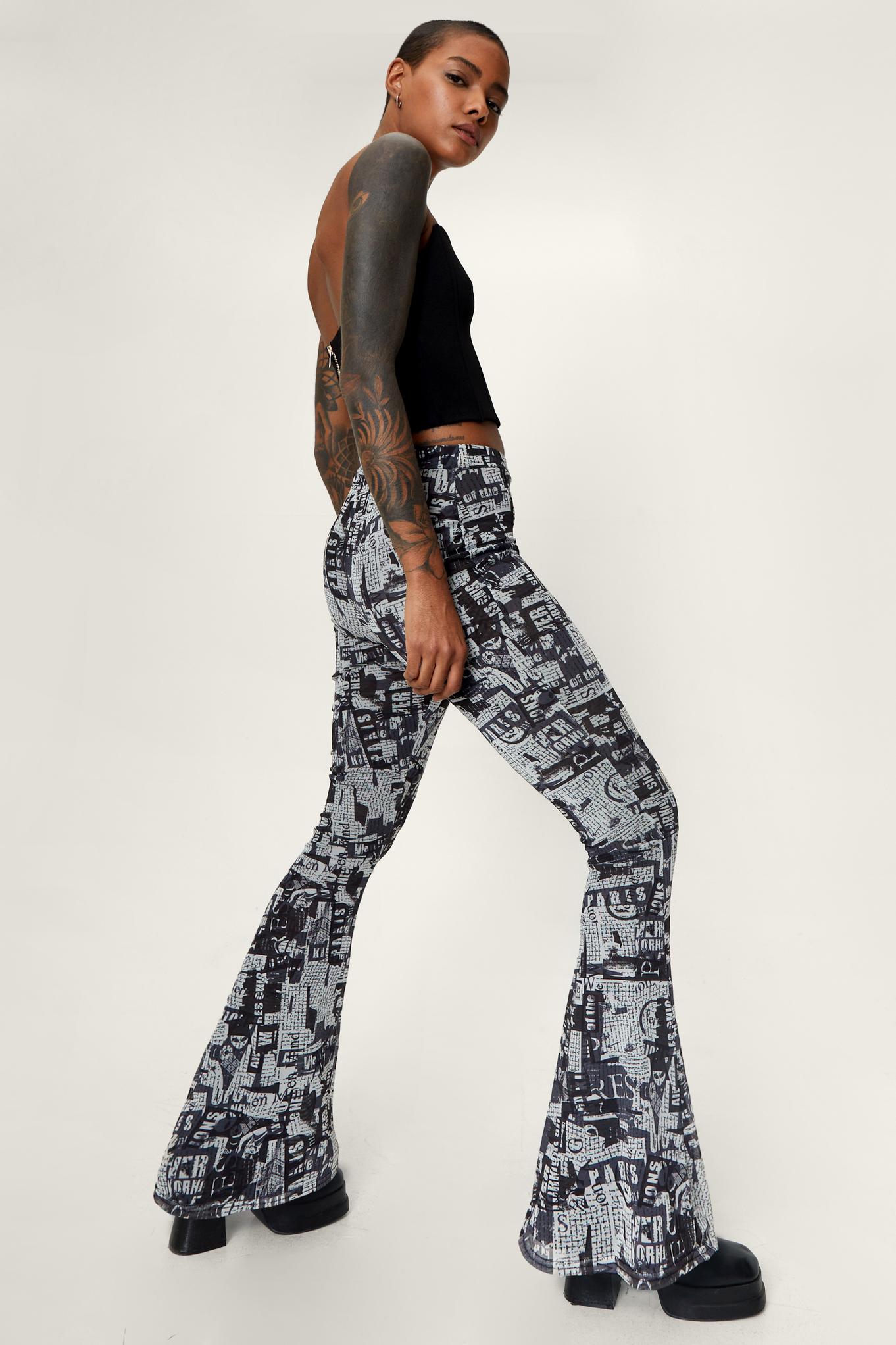 Newspaper Print High Waisted Mesh Flared Pants