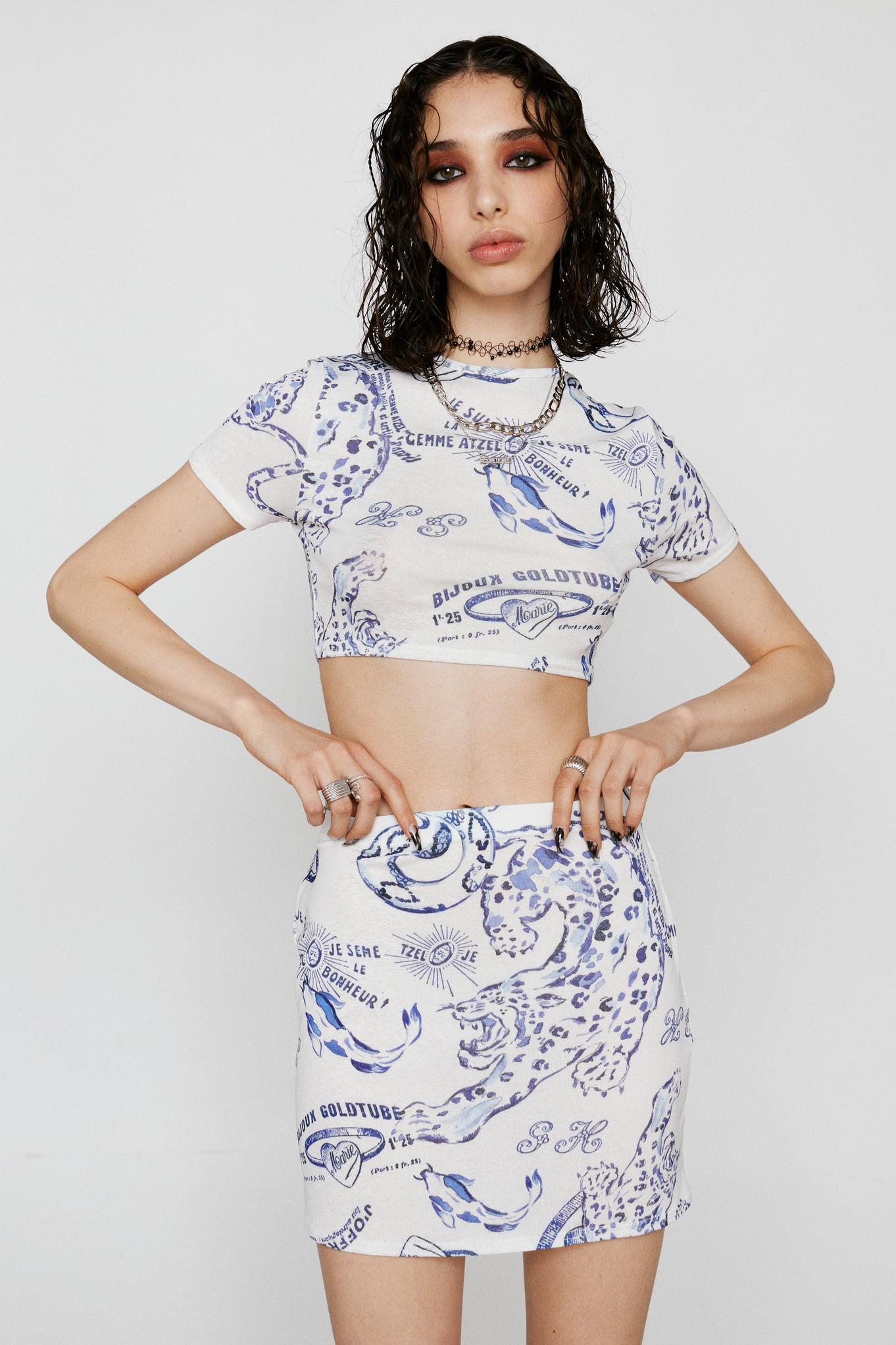 Dragon Sketch Print Mini Skirt