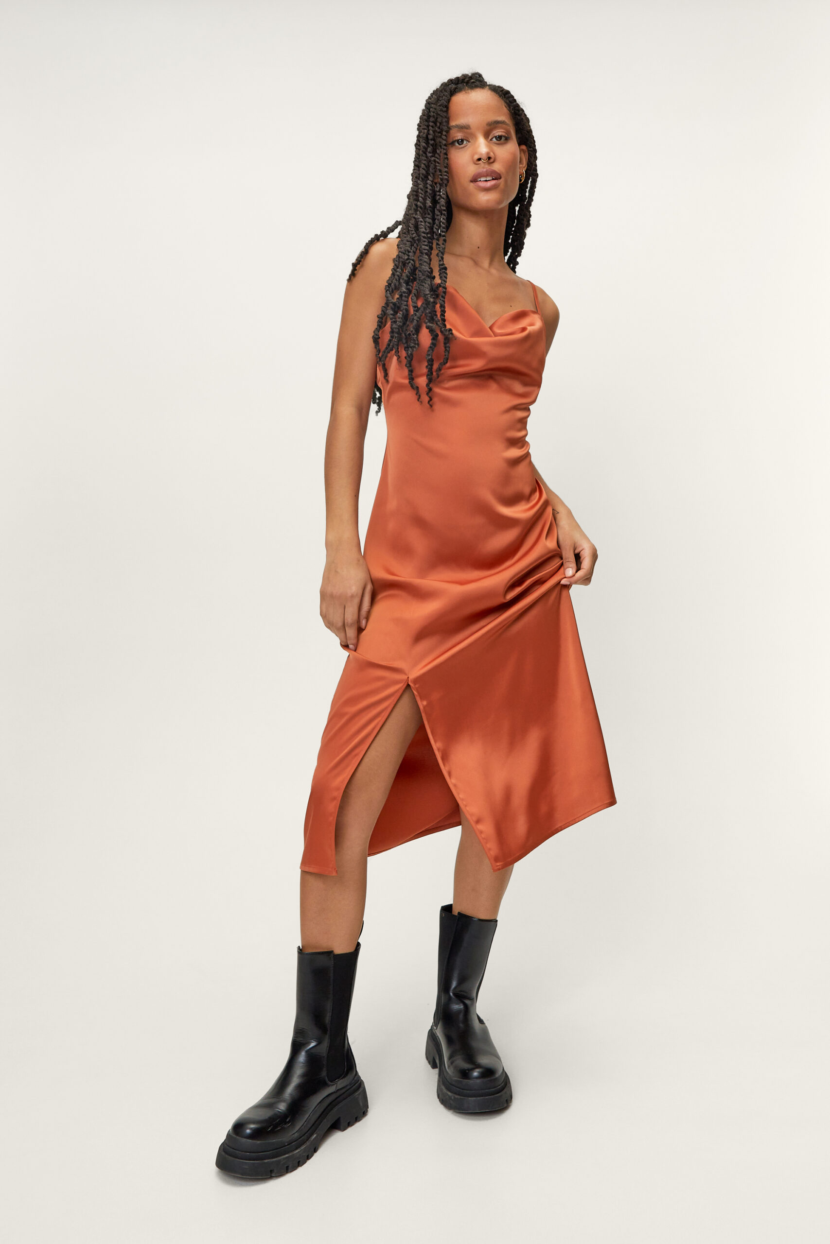 Petite Satin Bias Cowl Midi Dress