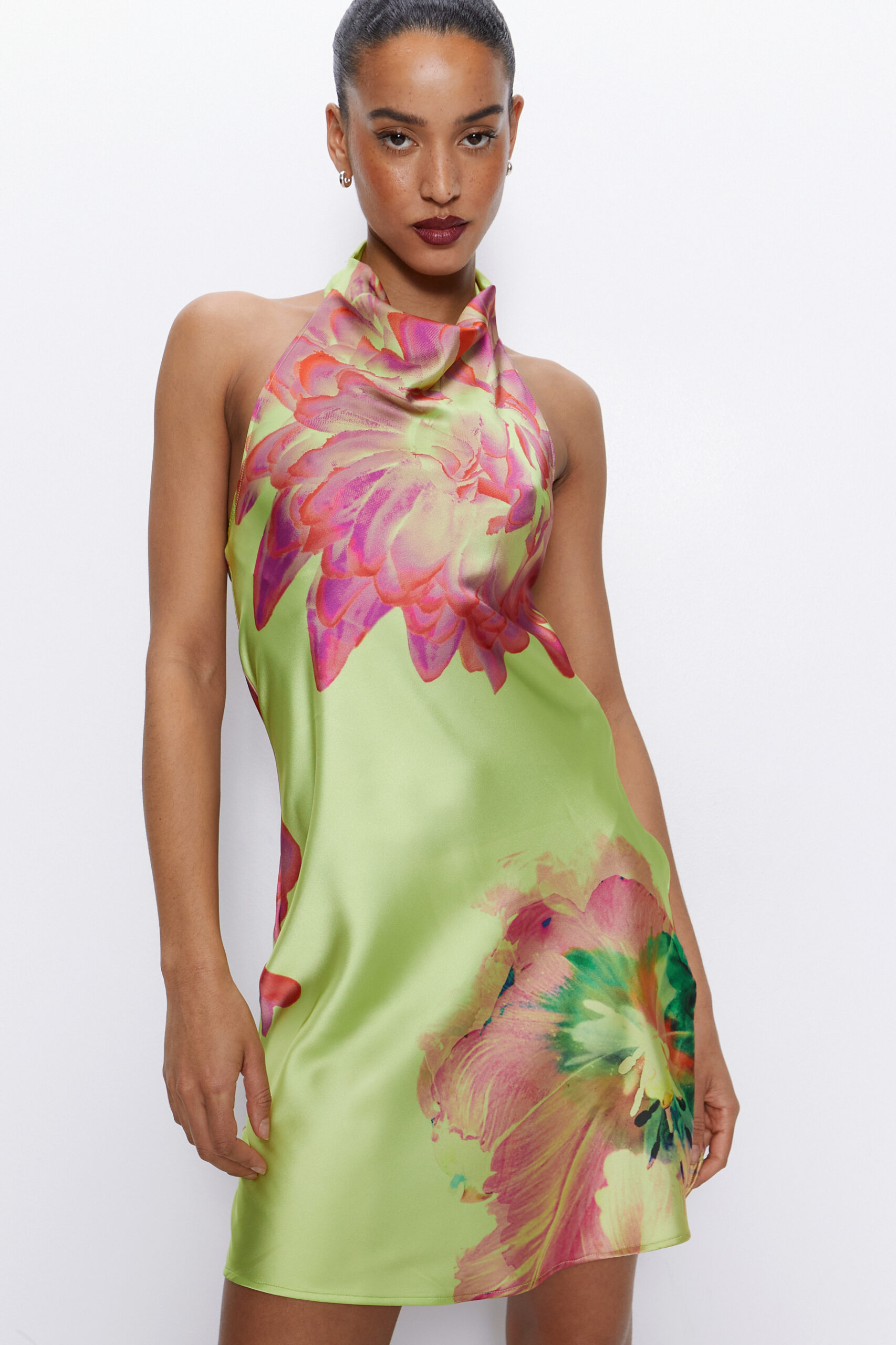 Graphic Floral Halterneck Satin Mini Dress