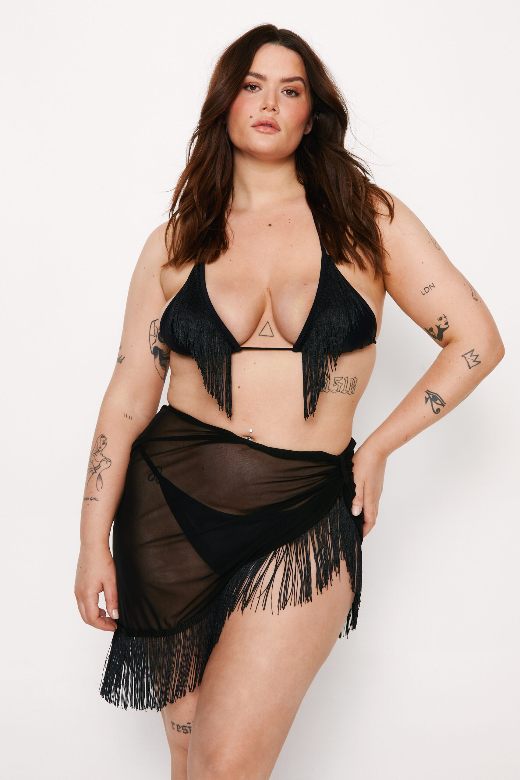 Plus Size Fringe Triangle Bikini And Sarong 3pc Bikini Set