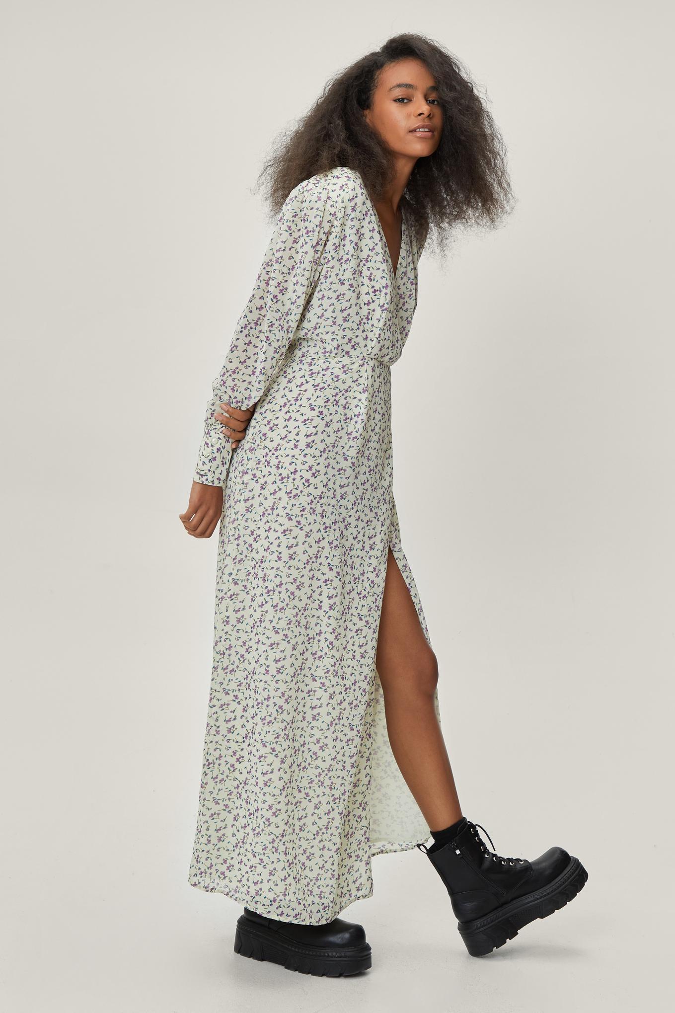 Petite Floral Maxi Slit Wrap Dress