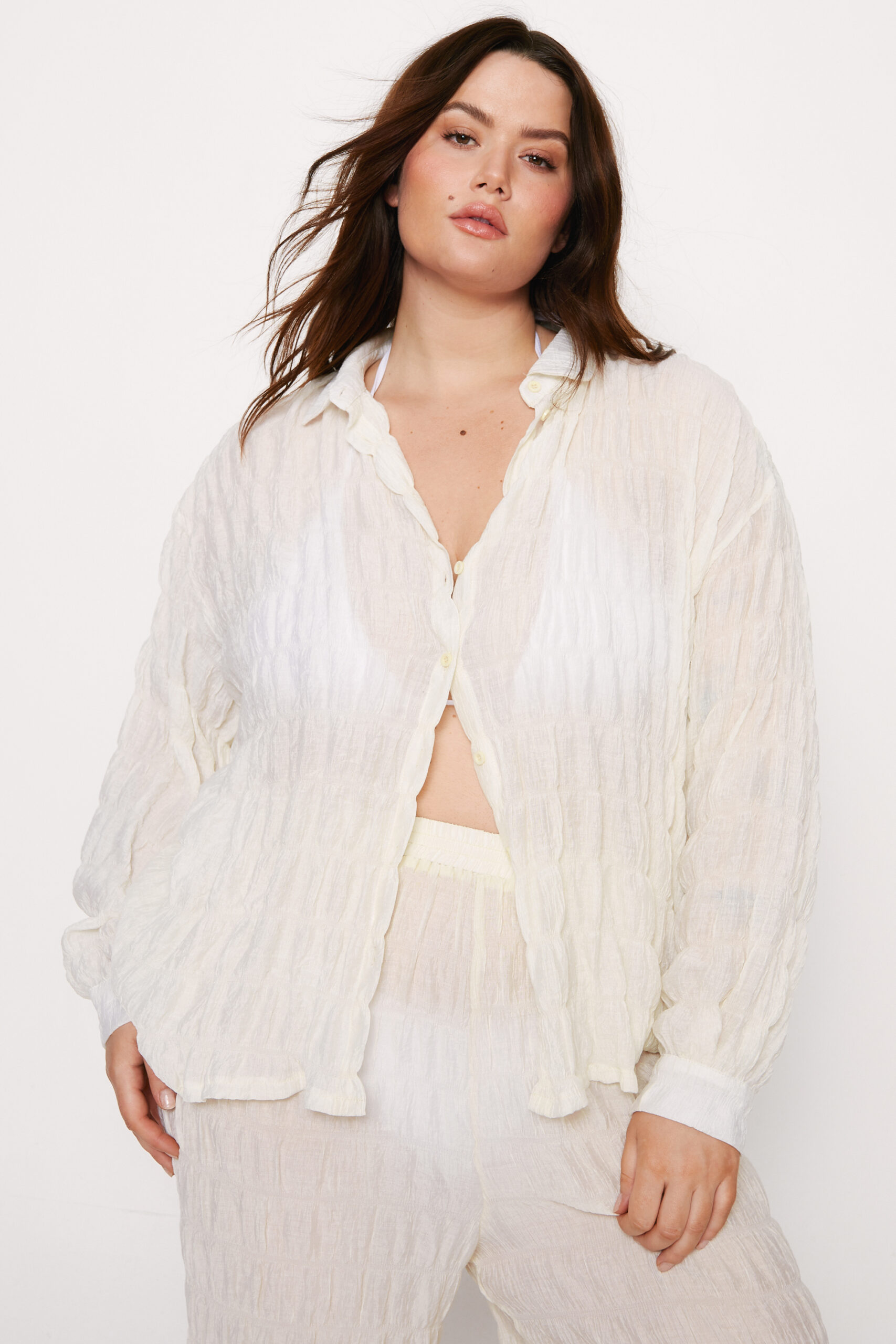 Plus Size Two Piece Set Oversized Textured Beach Shirt