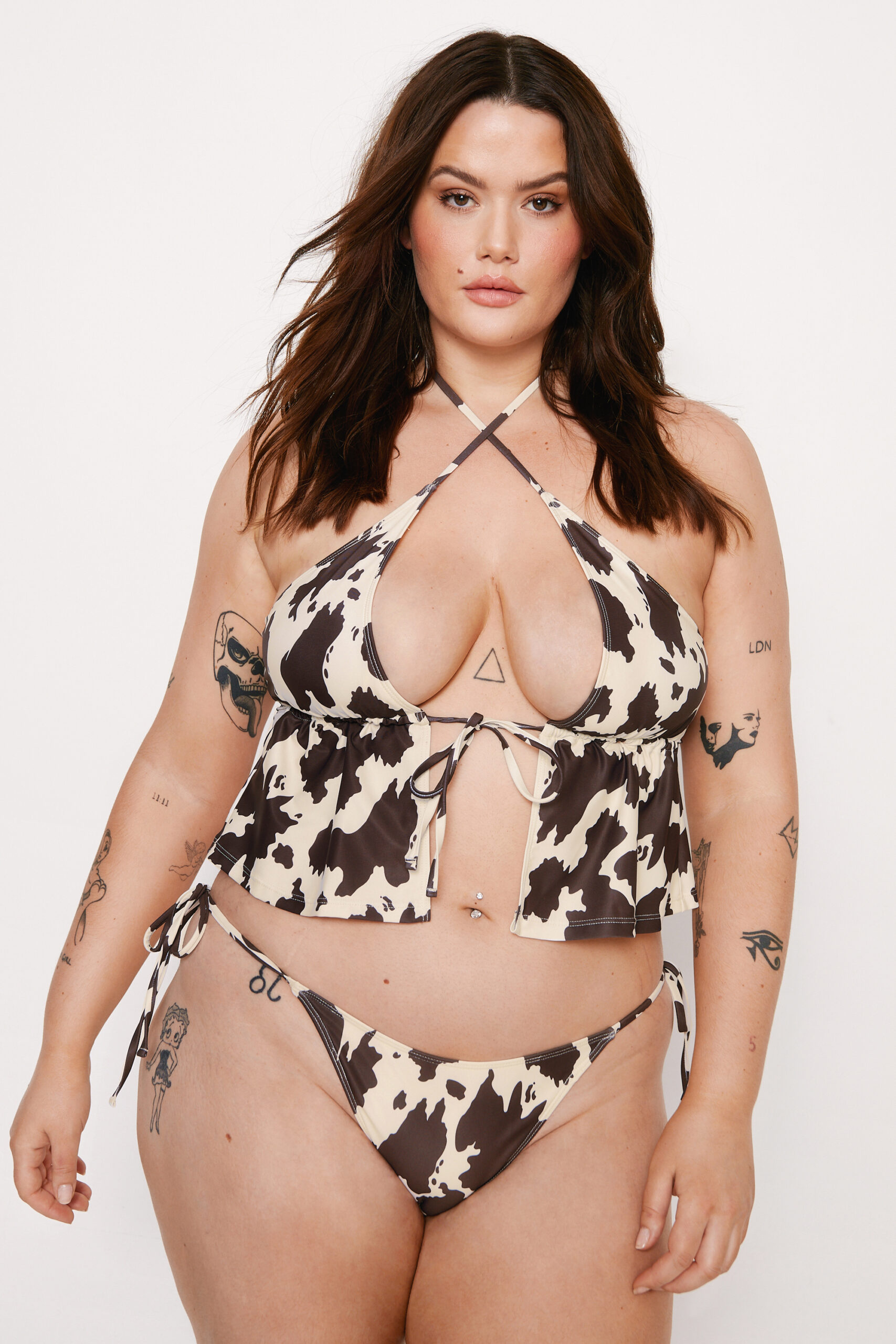 Plus Size Cow Halter Neck Tie Front Bikini Set