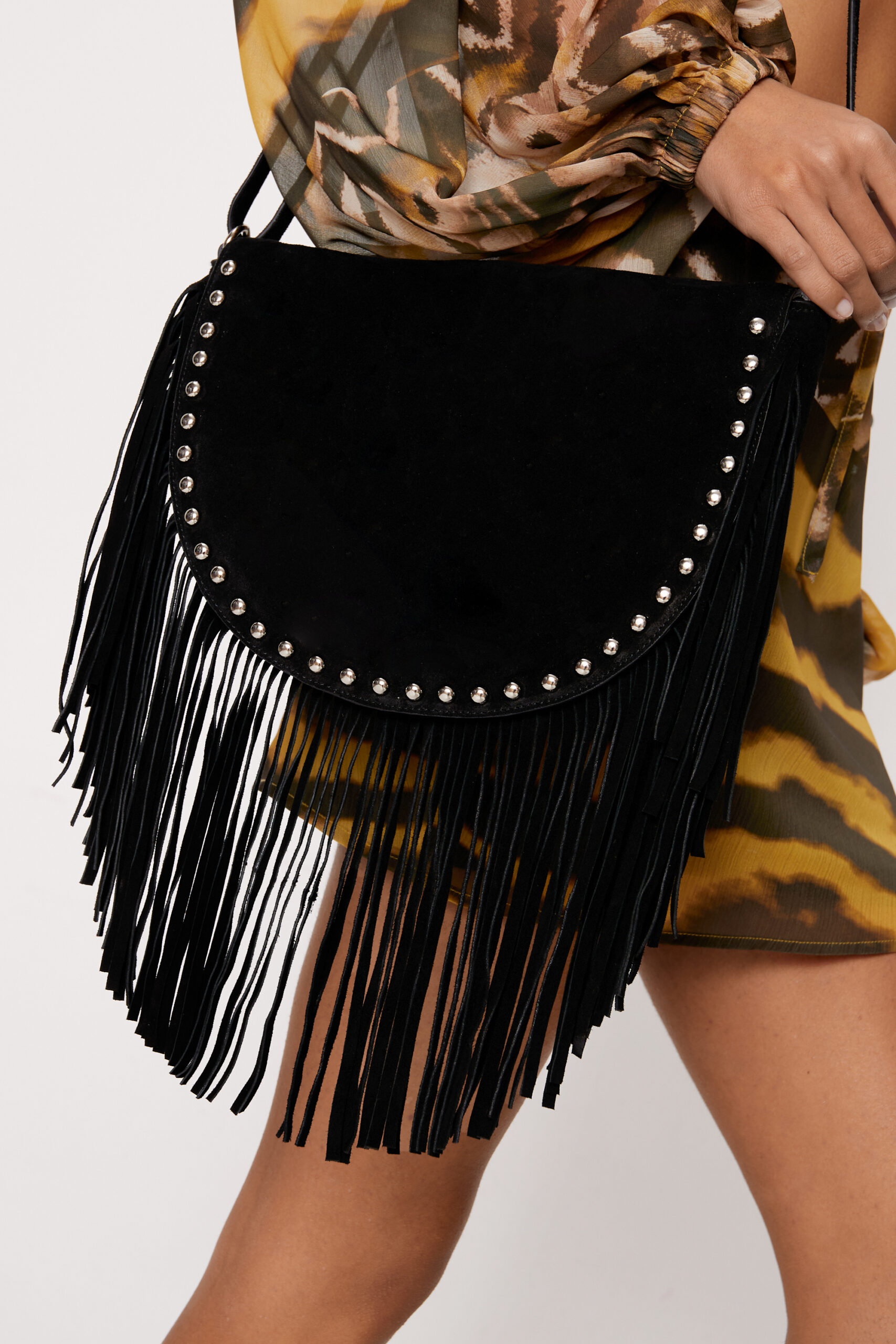 Suede Fringing Studded Shoulder Bag