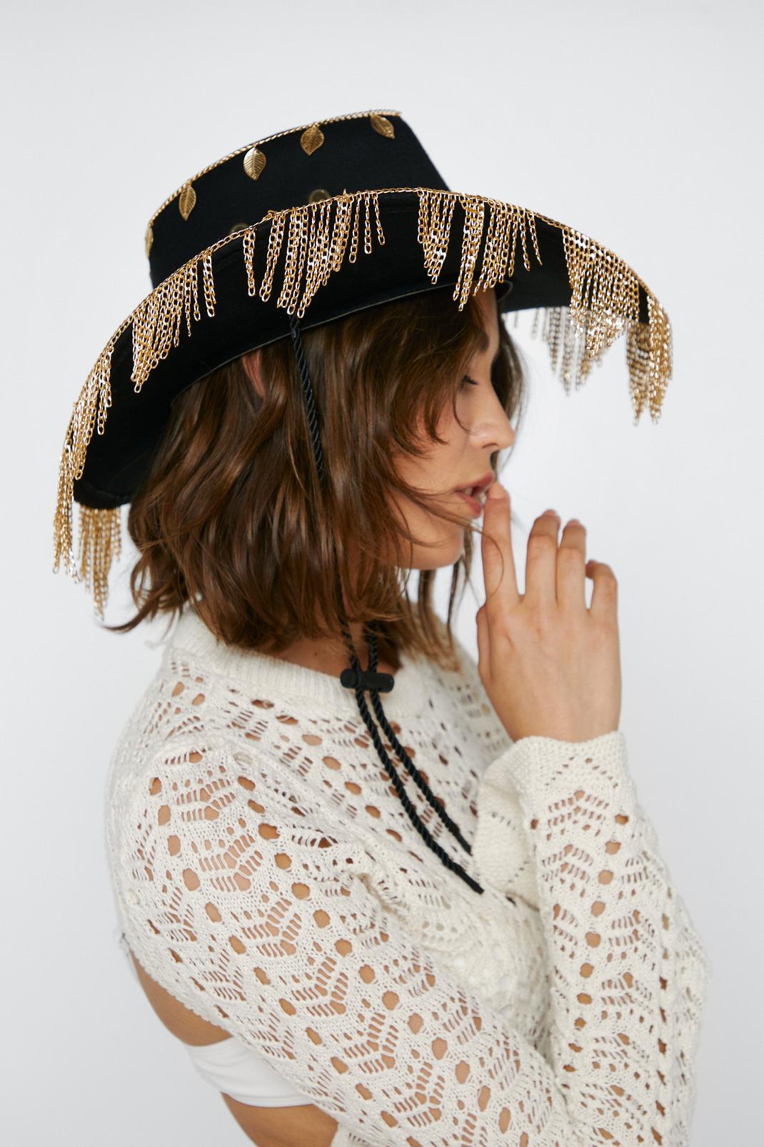 Black Chain Fringe Trim Cowboy Hat