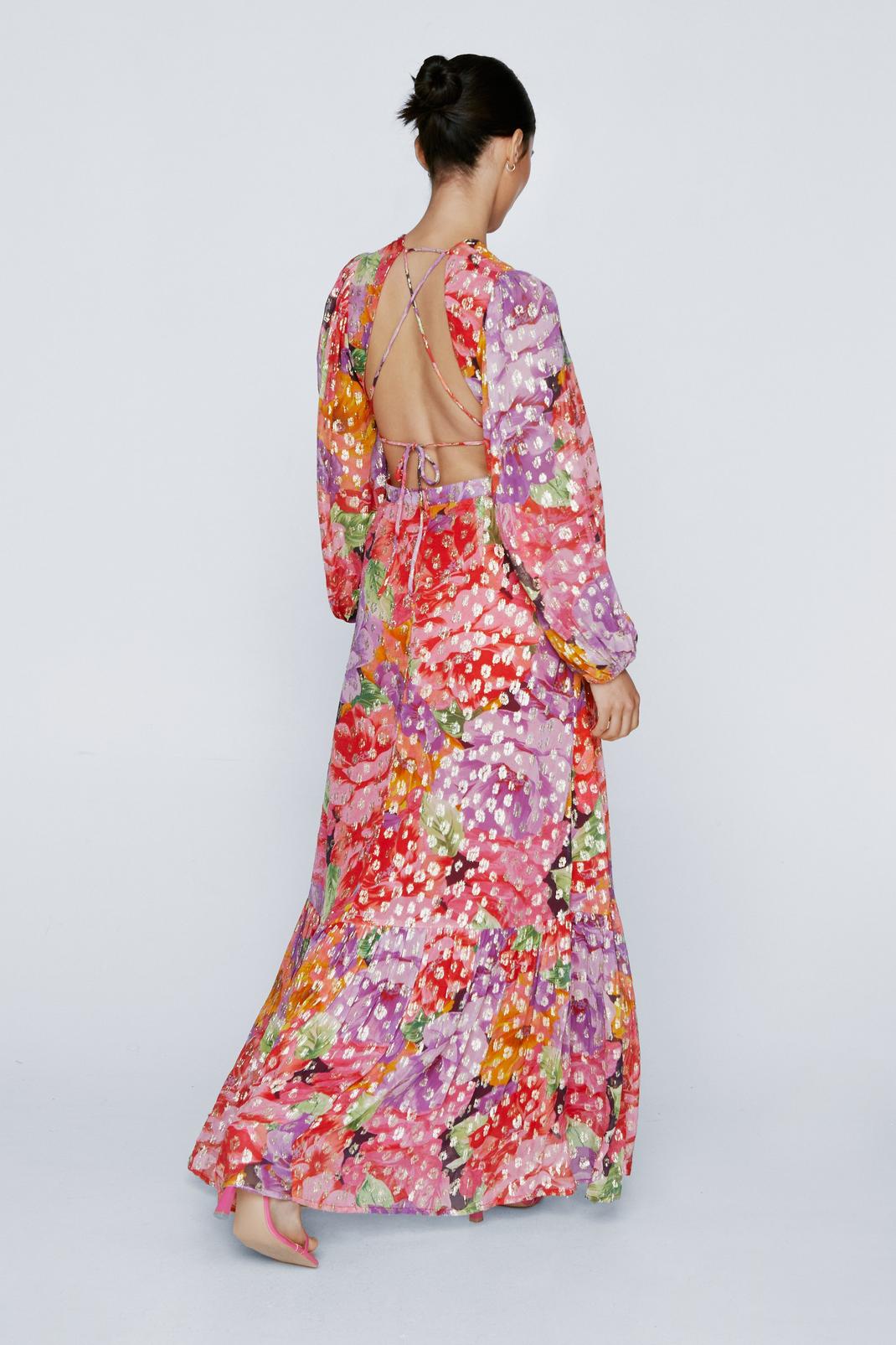 Petite Metallic Floral Backless Maxi Dress