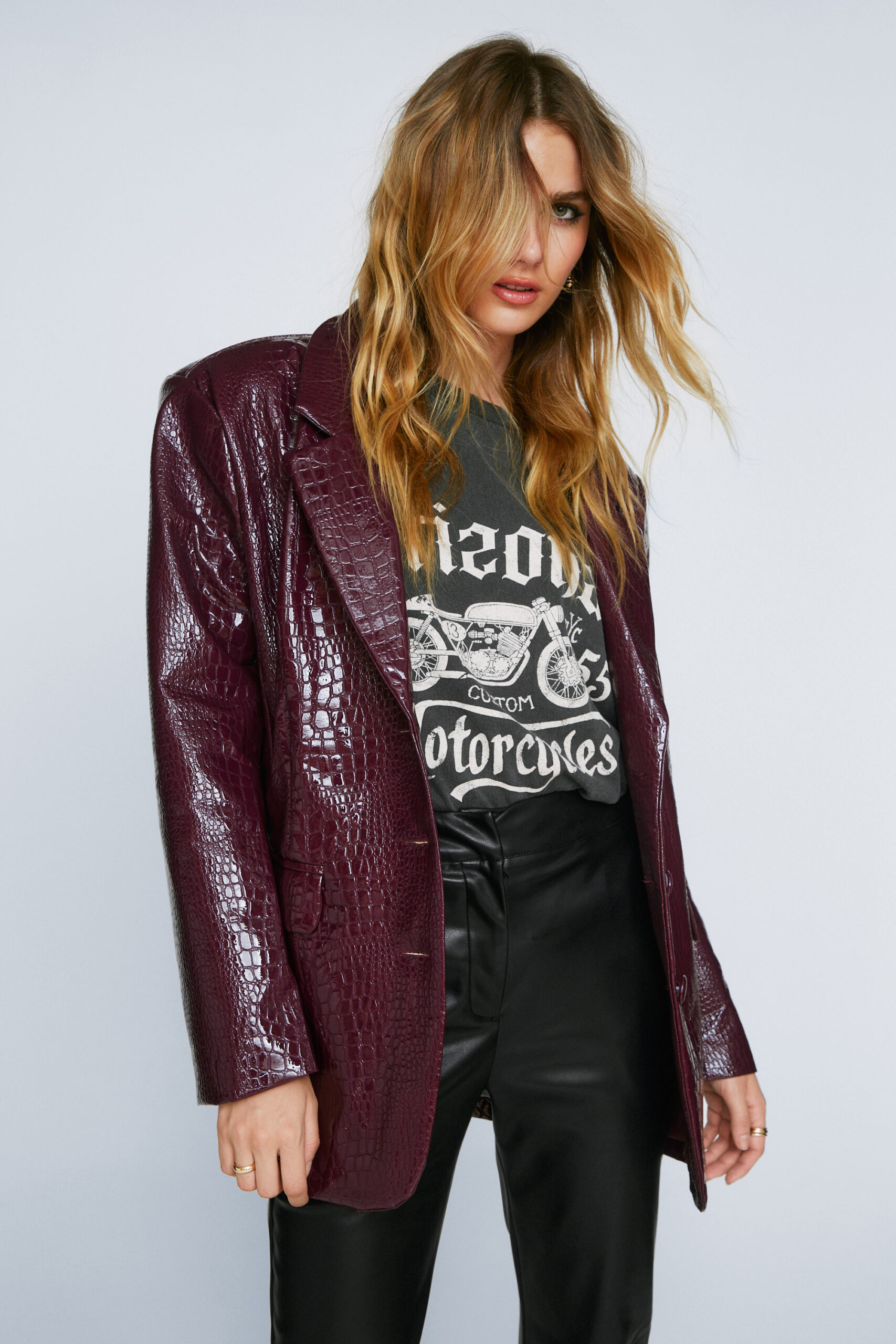 Faux Leather Croc Embossed Oversized Blazer 