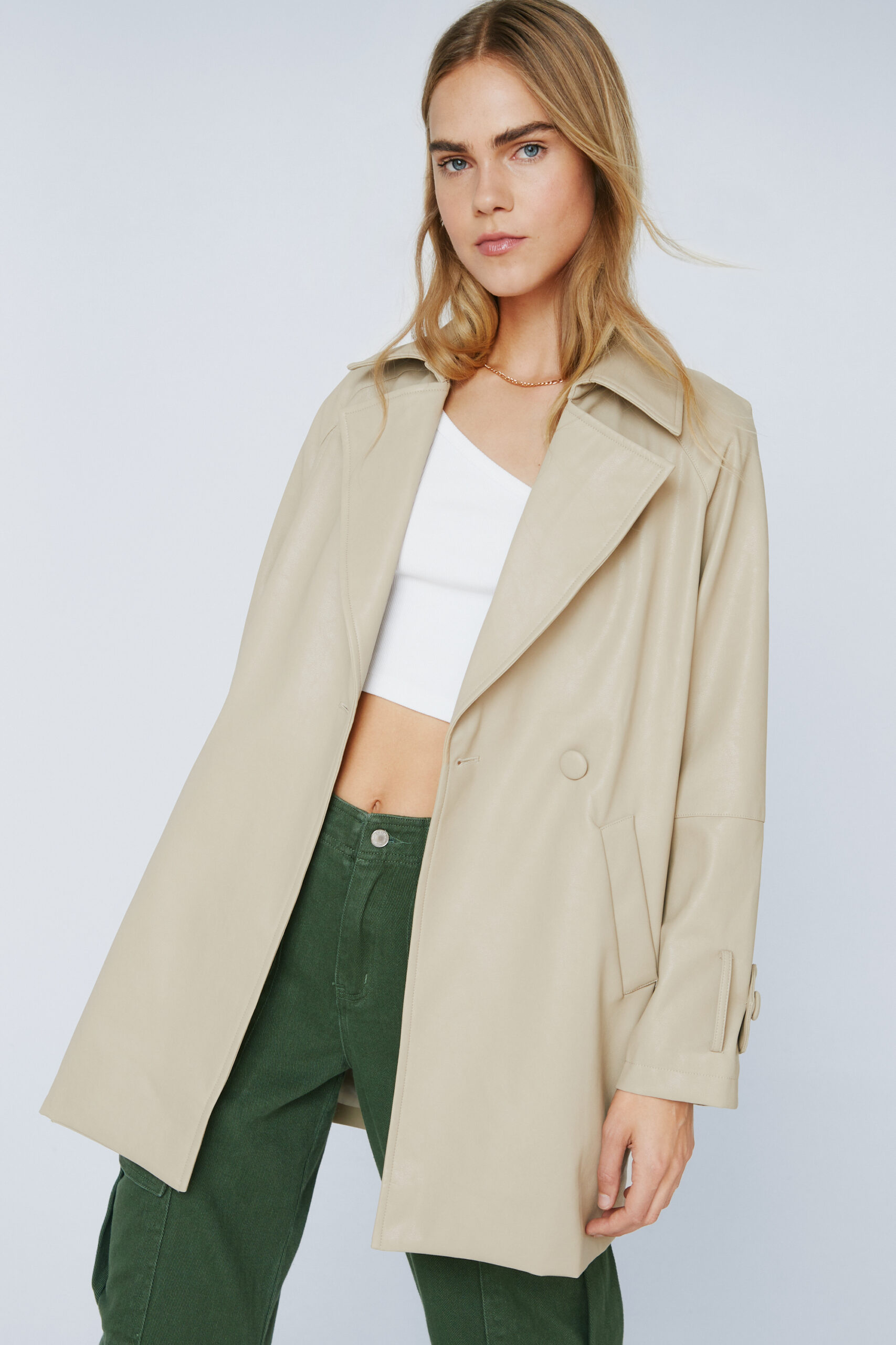 Tailored Faux Leather Trench Jacket 