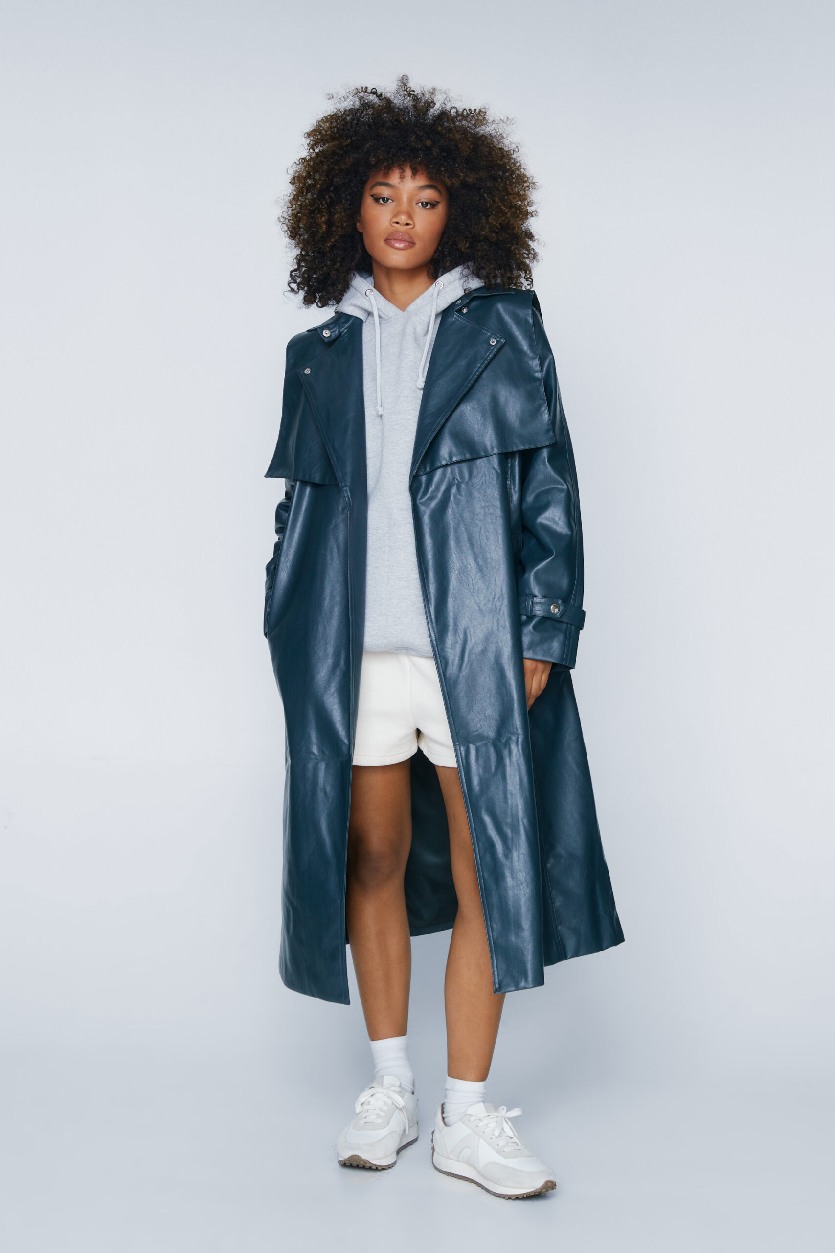 Belted Faux Leather Trench Coat 