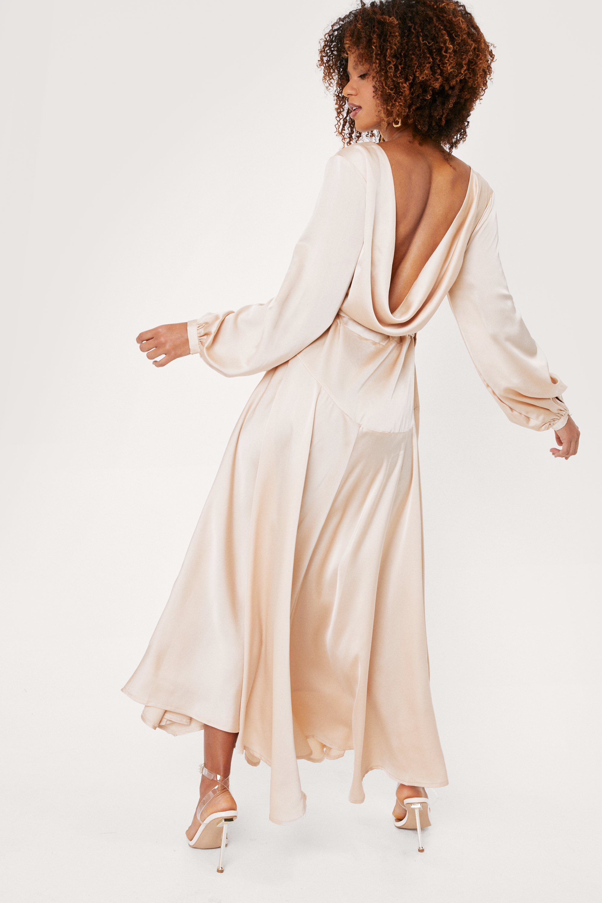 Cowl Back Satin Wrap Maxi Dress