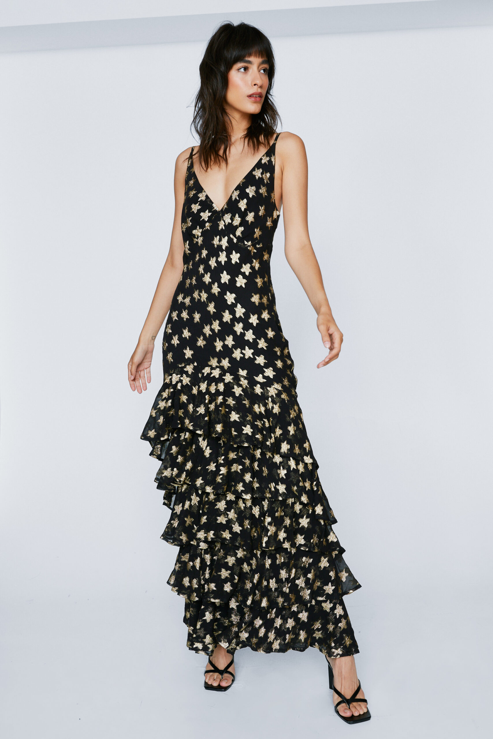 Metallic Star Print Ruffle Maxi Dress