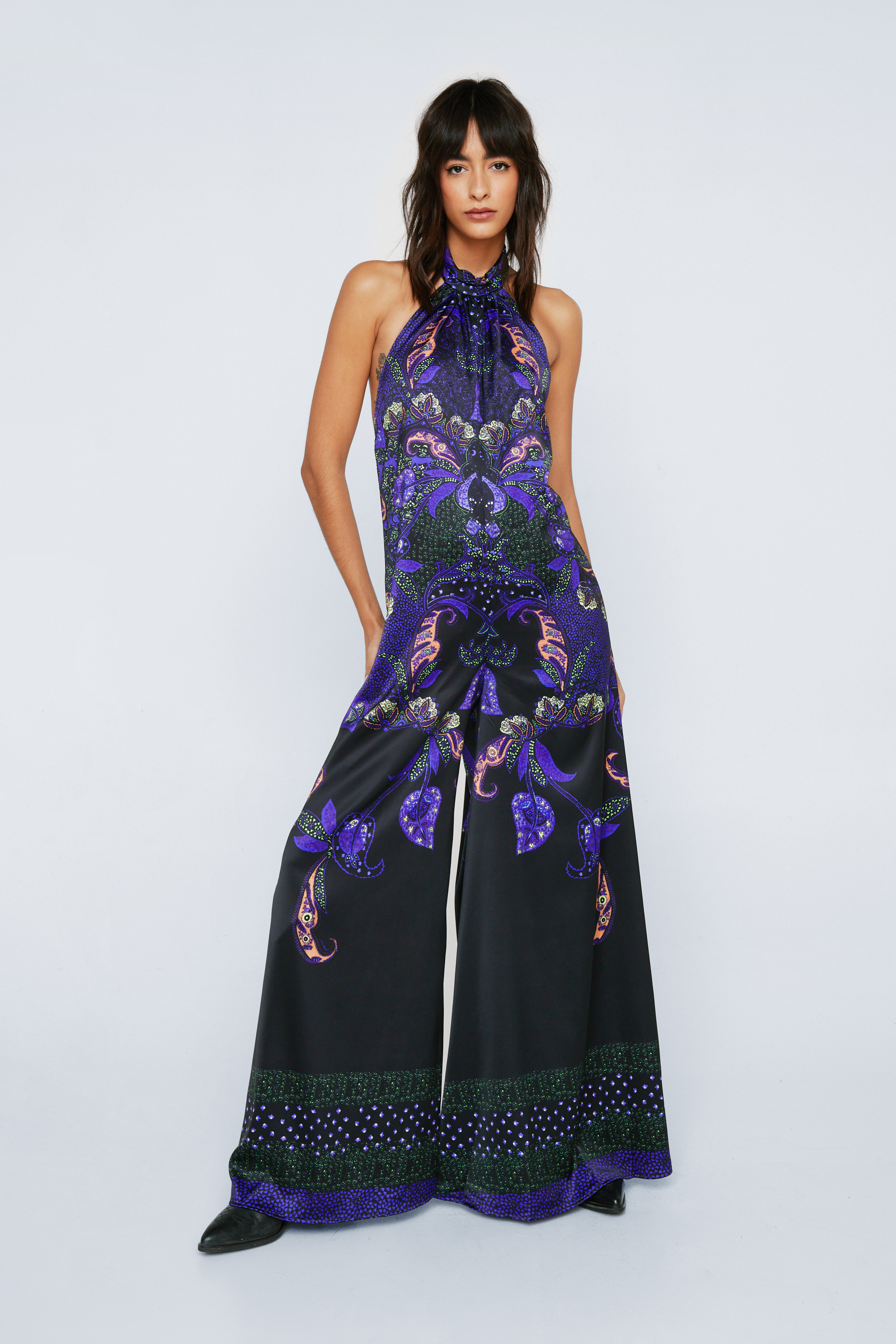 Placement Print Halterneck Wide Leg Jumpsuit