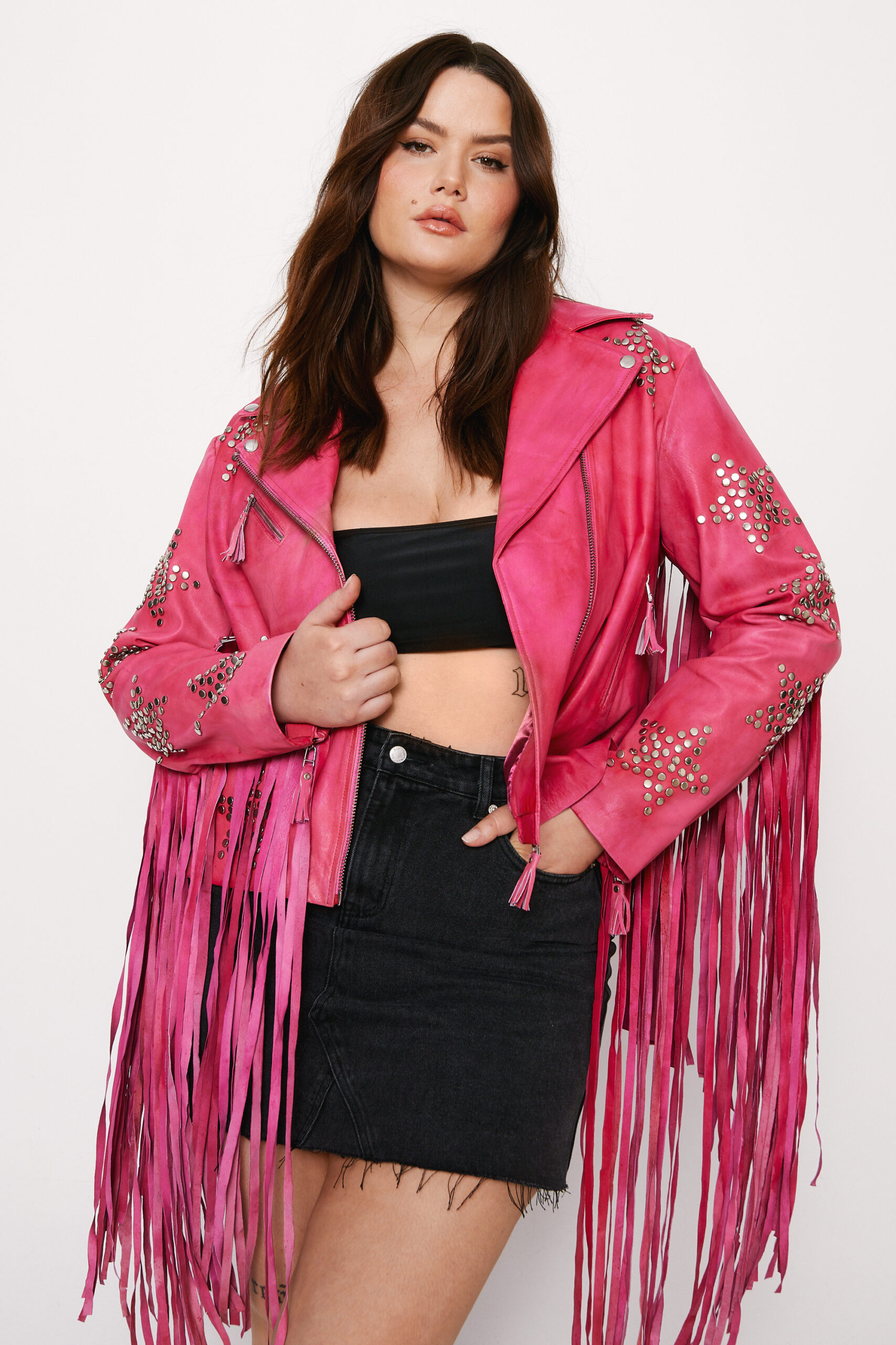 Plus Size Real Leather Star Studded Fringe Jacket