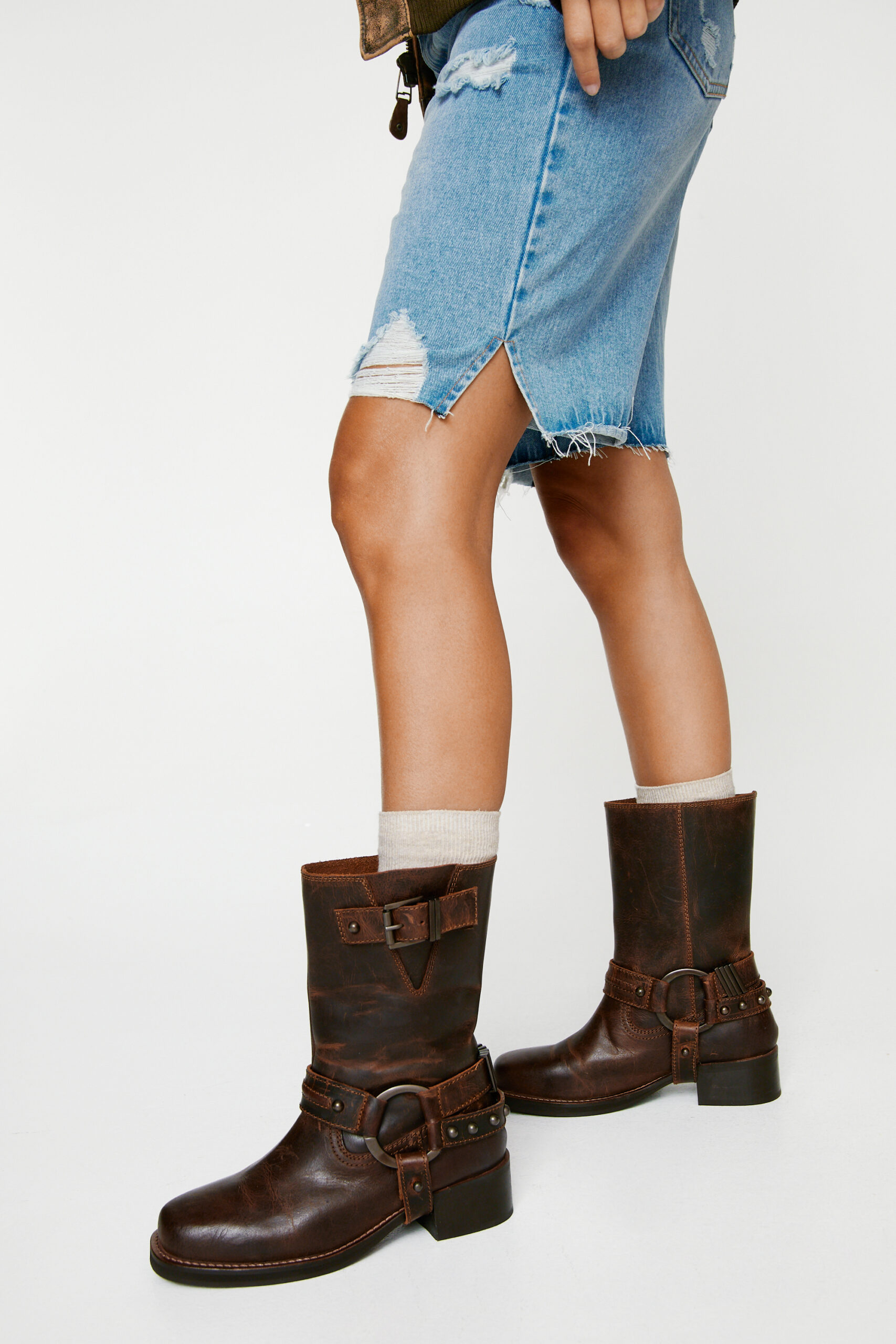 Tarnished Leather Buckle Harness Ankle Boots