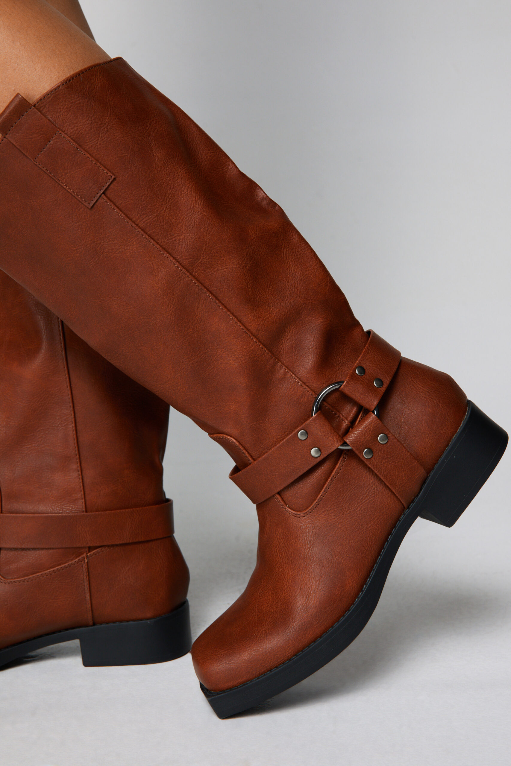 Faux Leather Buckle Detail Square Toe Knee High Boots