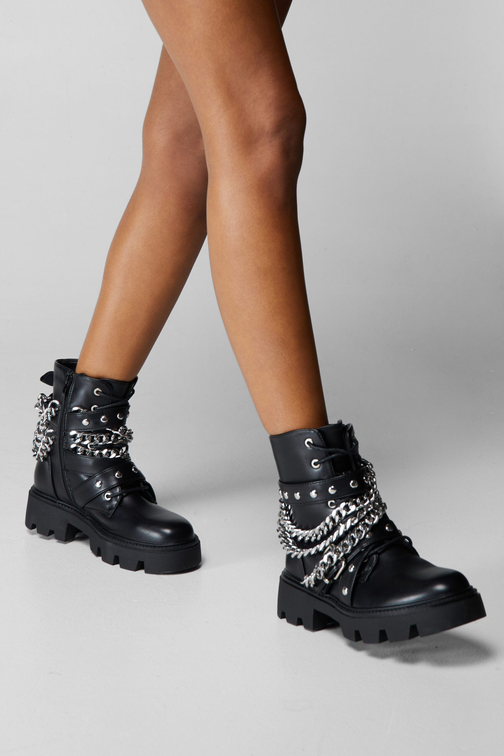 Faux Leather Chain Detail Biker Boots