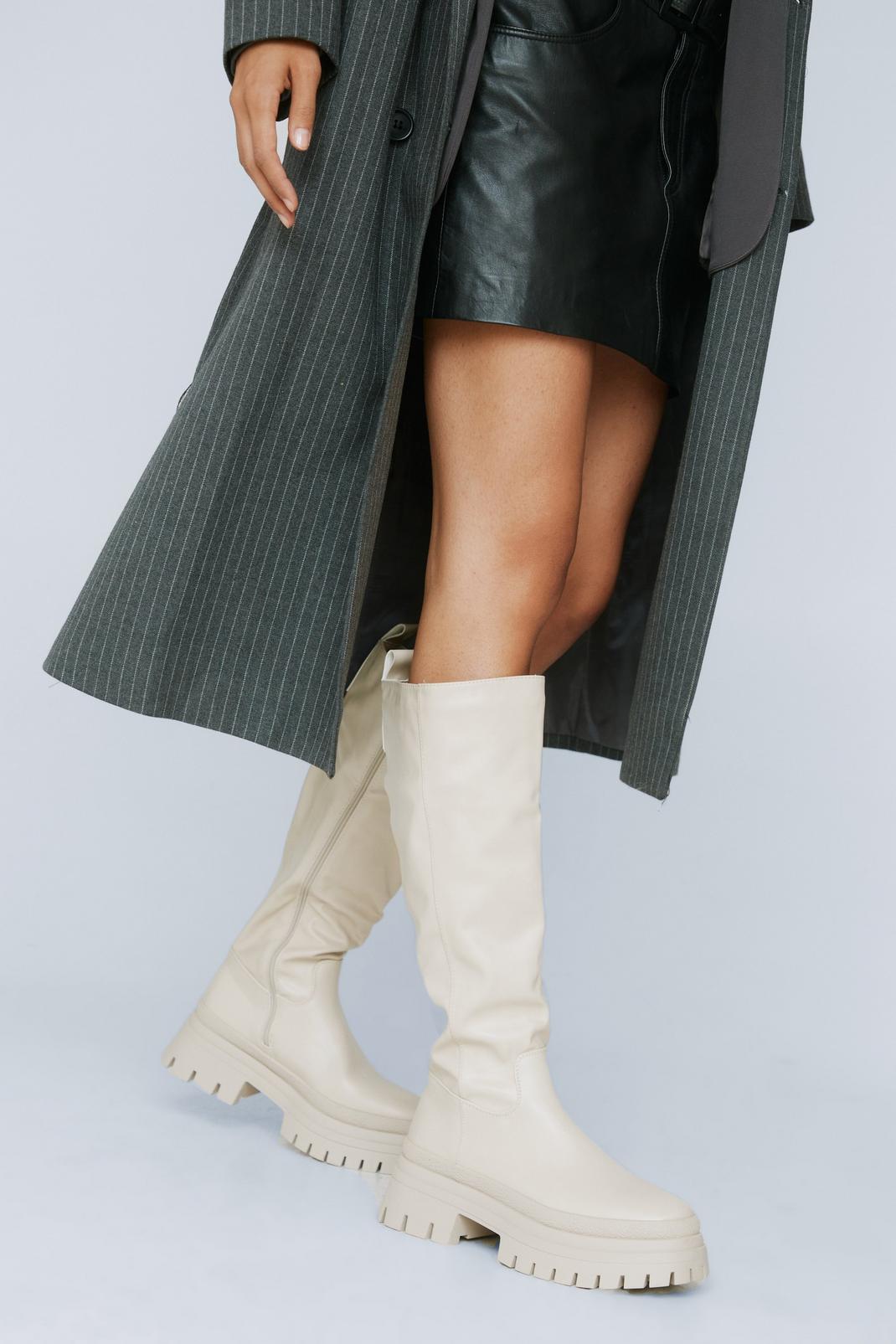 Faux Leather Chunky Knee High Boots