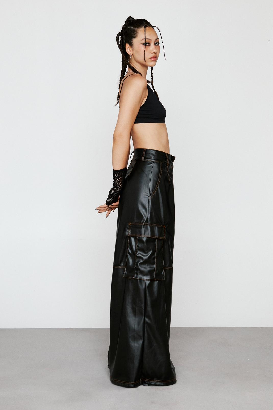 Faux Leather Wide Leg Cargo Pants