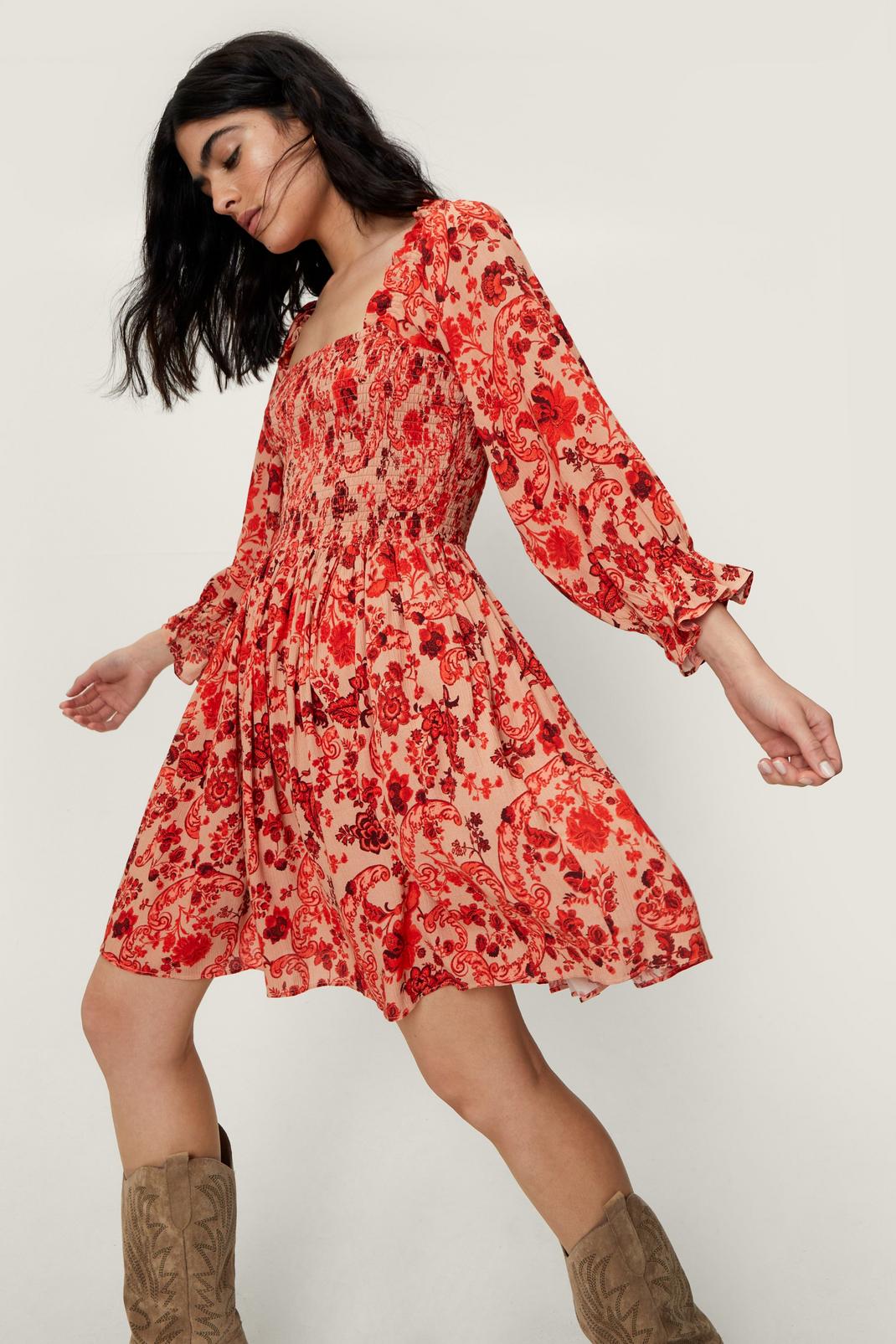 Recycled Paisley Shirred Smock Dress