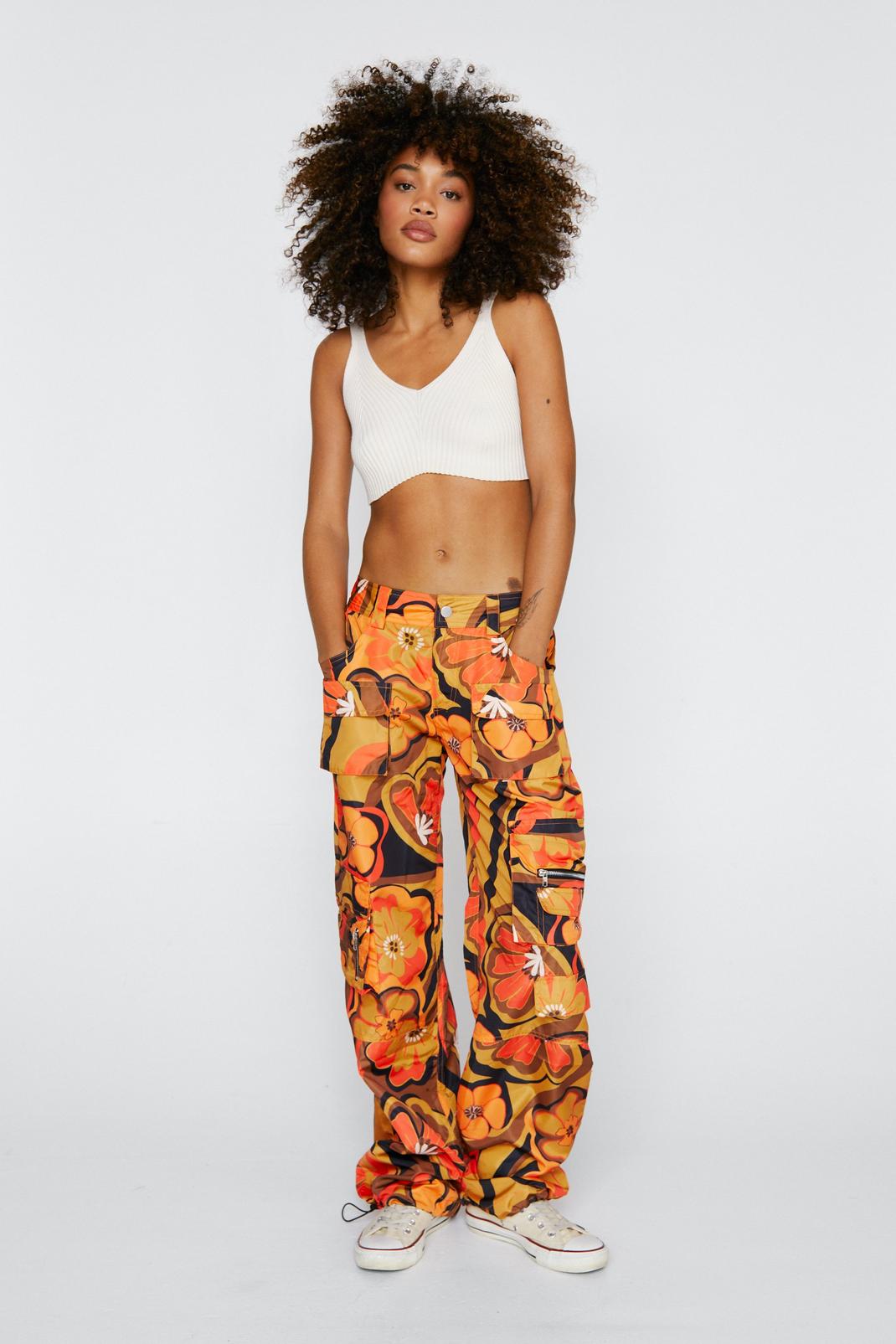 Retro Floral Wide Leg Cargo Pants