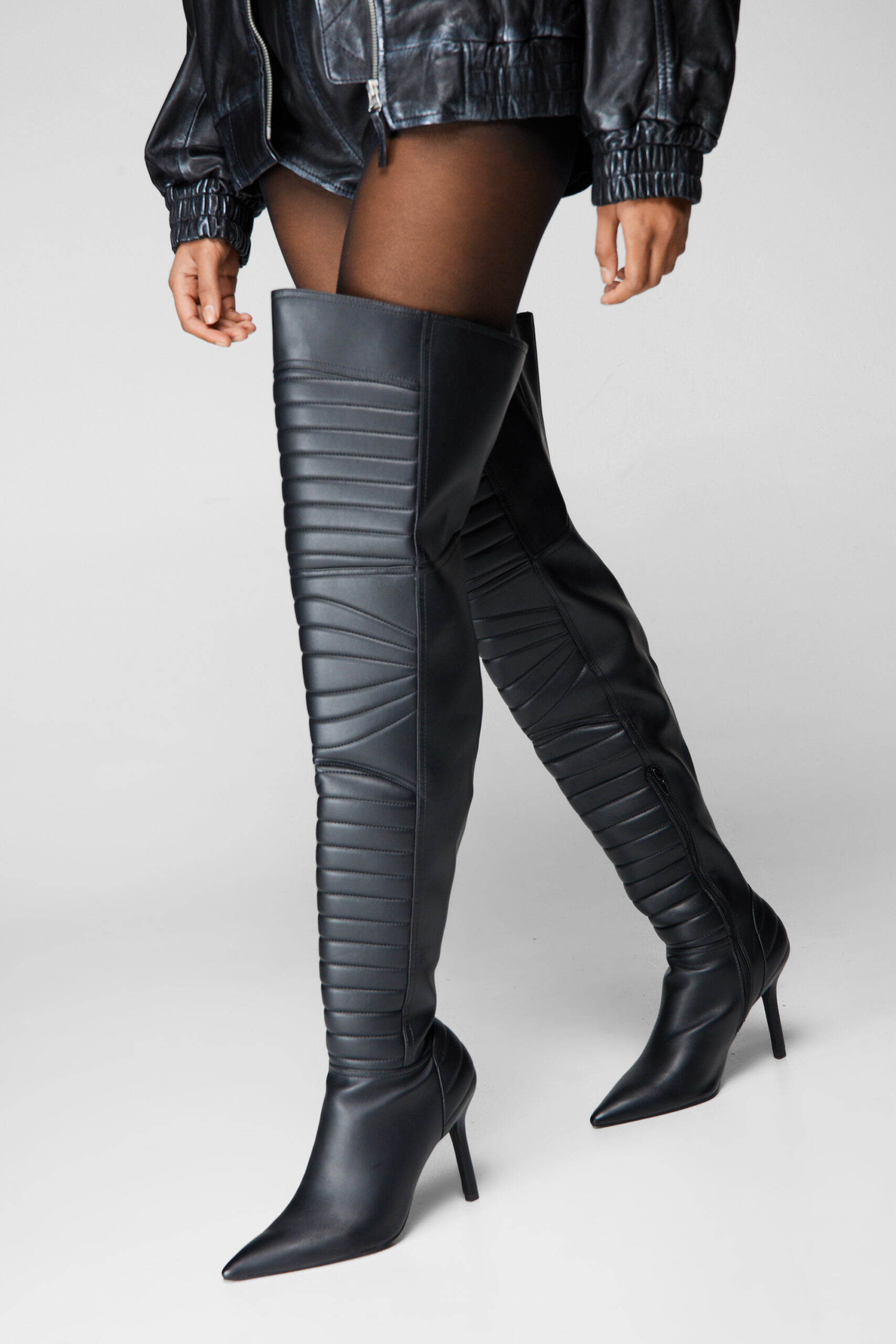 Faux Leather Padded Motocross Thigh High Boots