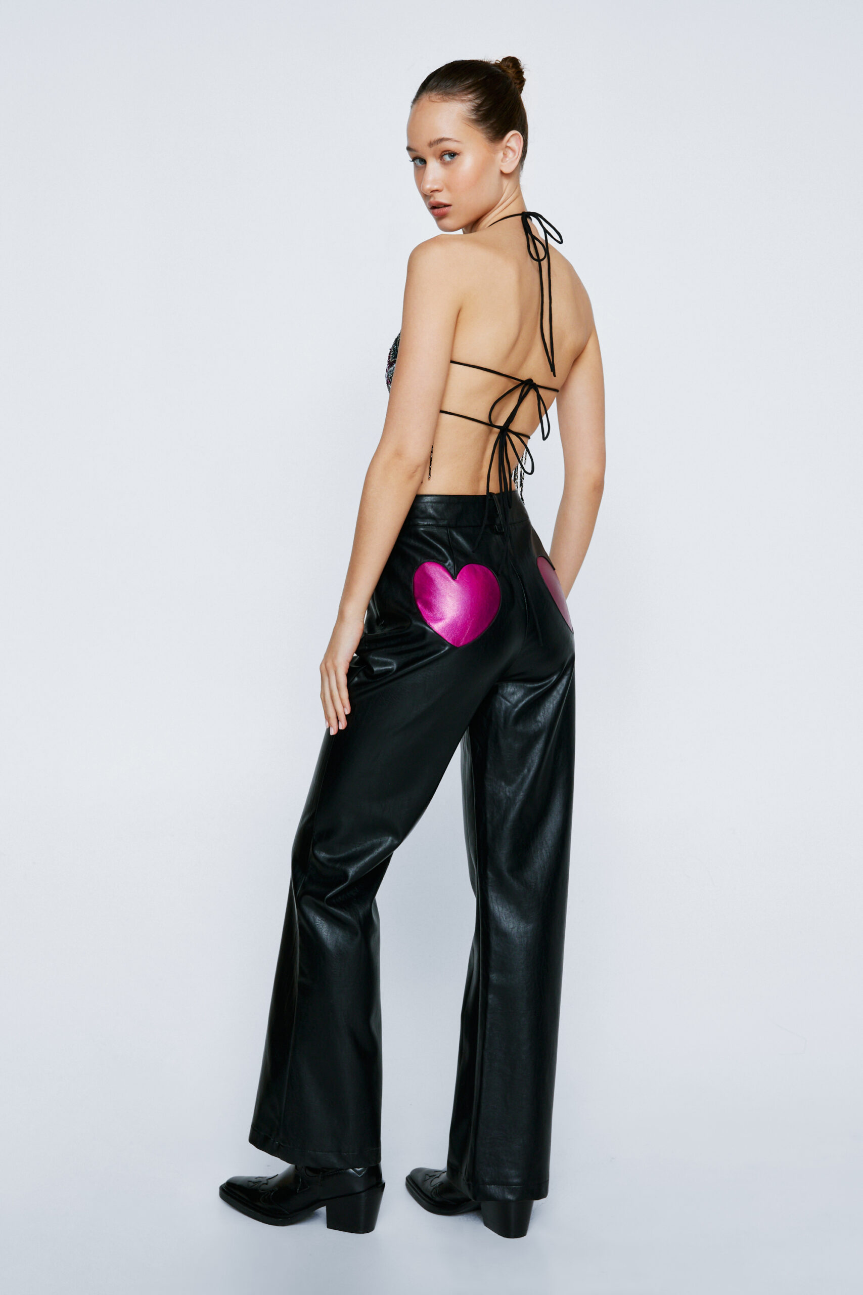 Petite Faux Leather Heart Bum Flare Pants