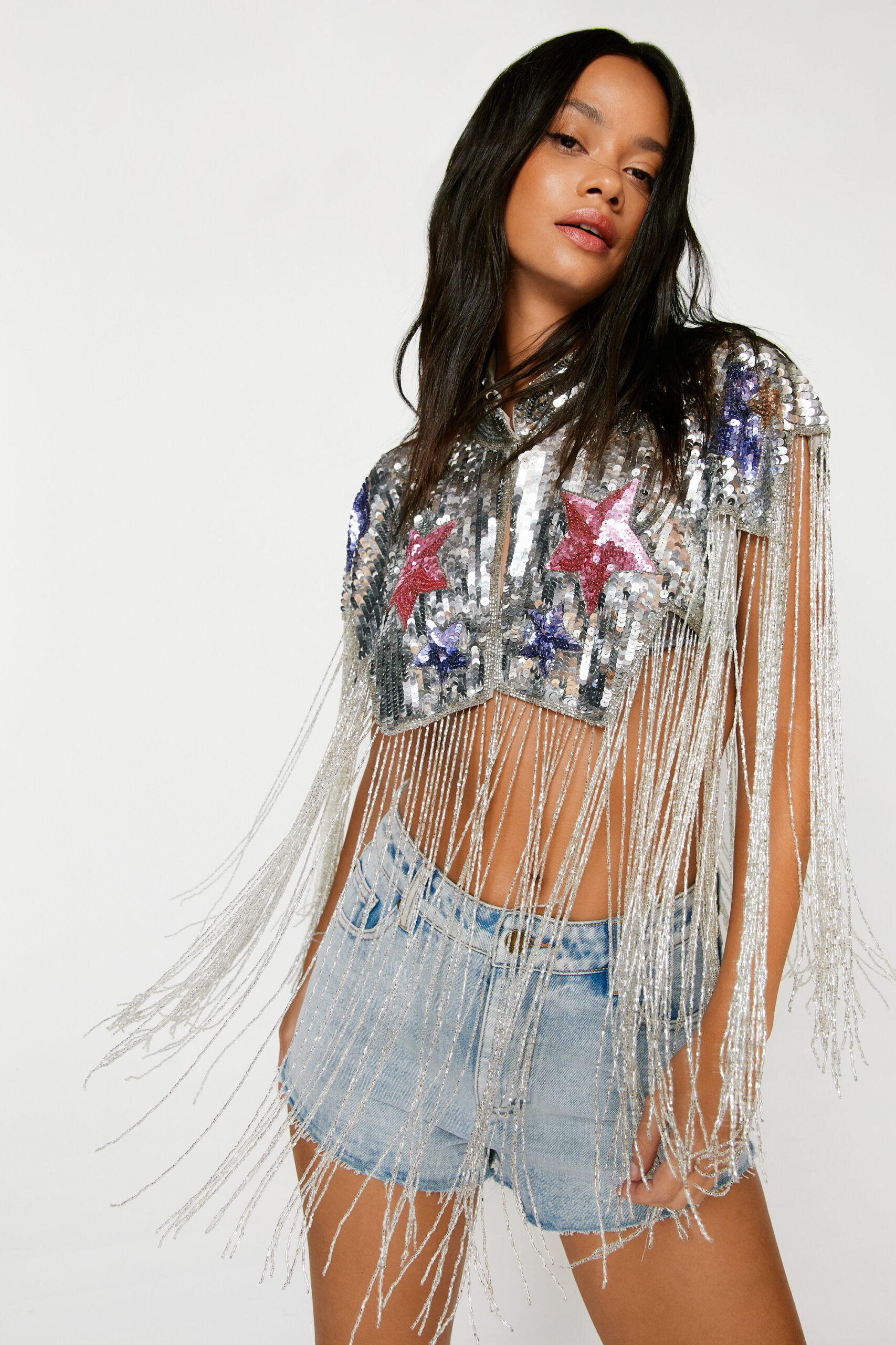 Silver Star Embellished Tassel Beaded Cape