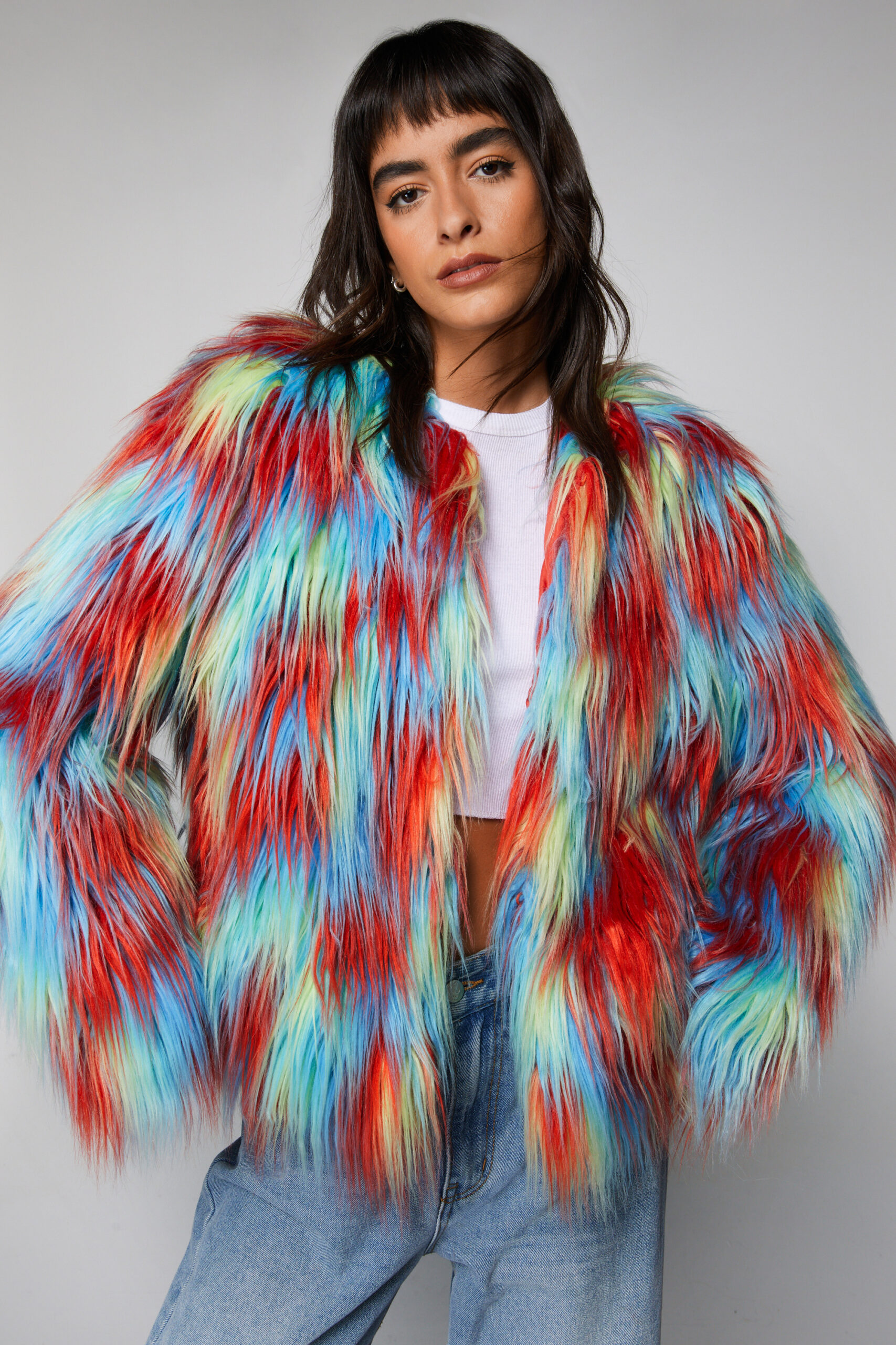 Multicolor Faux Fur Collarless Jacket