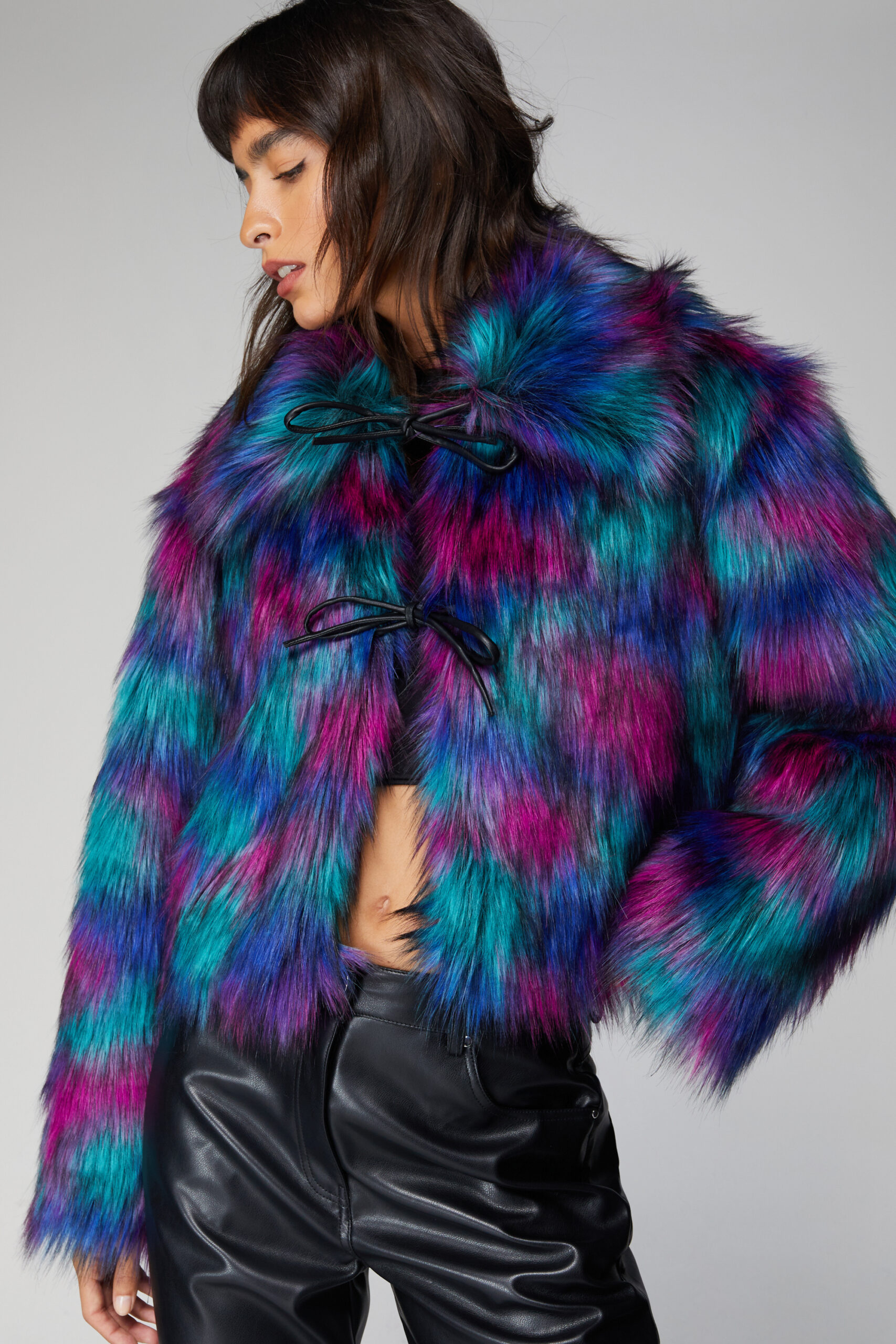 Premium Multicolor Faux Fur Tie Detail Coat