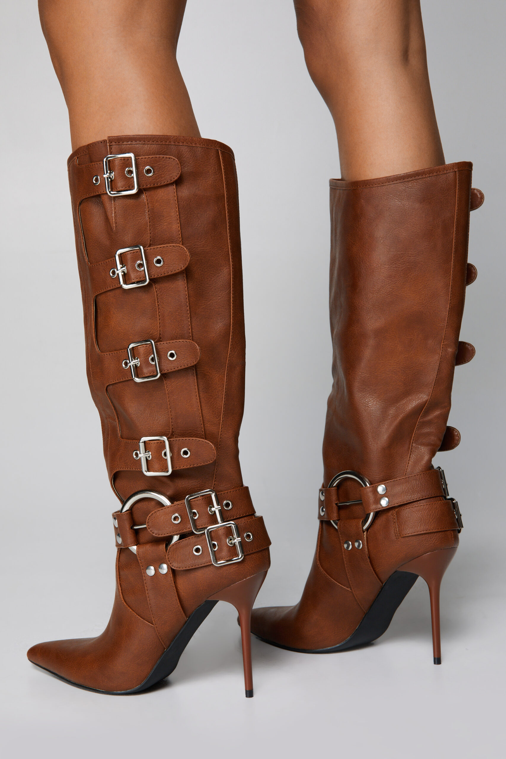 Faux Leather Buckle Detail Pointed Toe Knee High Boots