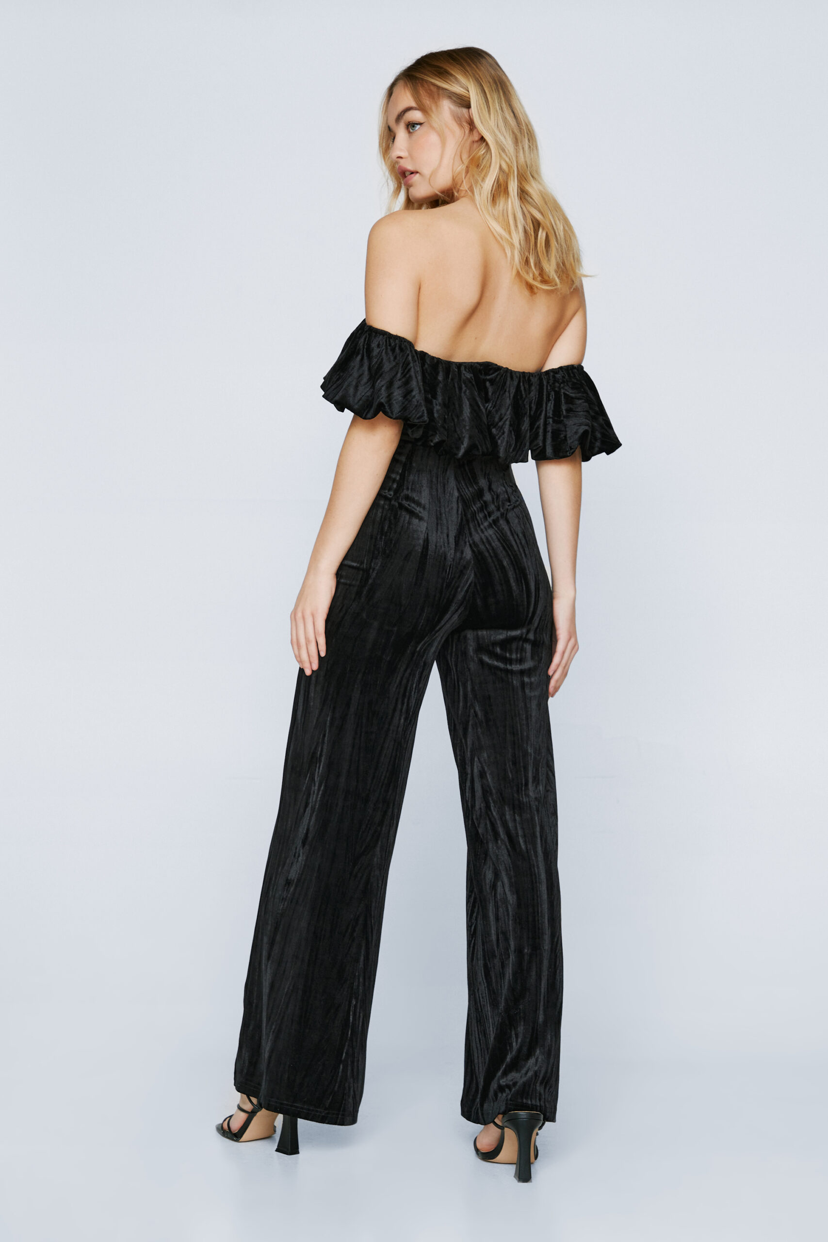 Structured Velvet Frill Off The Shoulder Jumpsuit