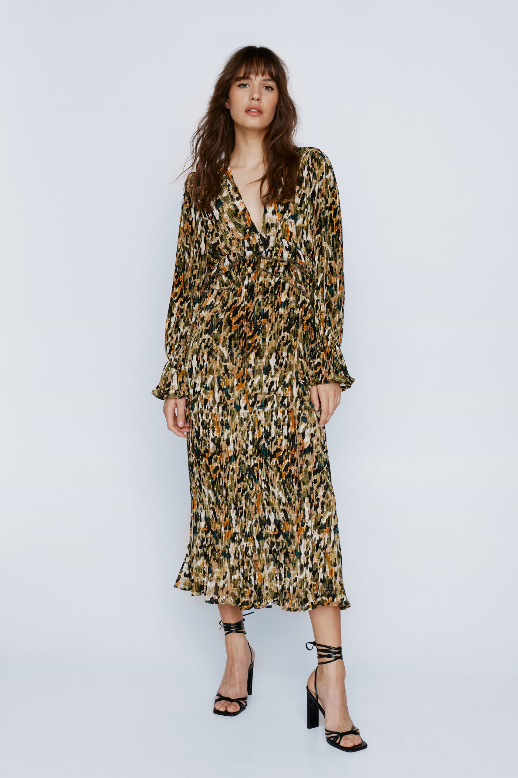 Spot Chiffon Print Pleated Maxi Dress