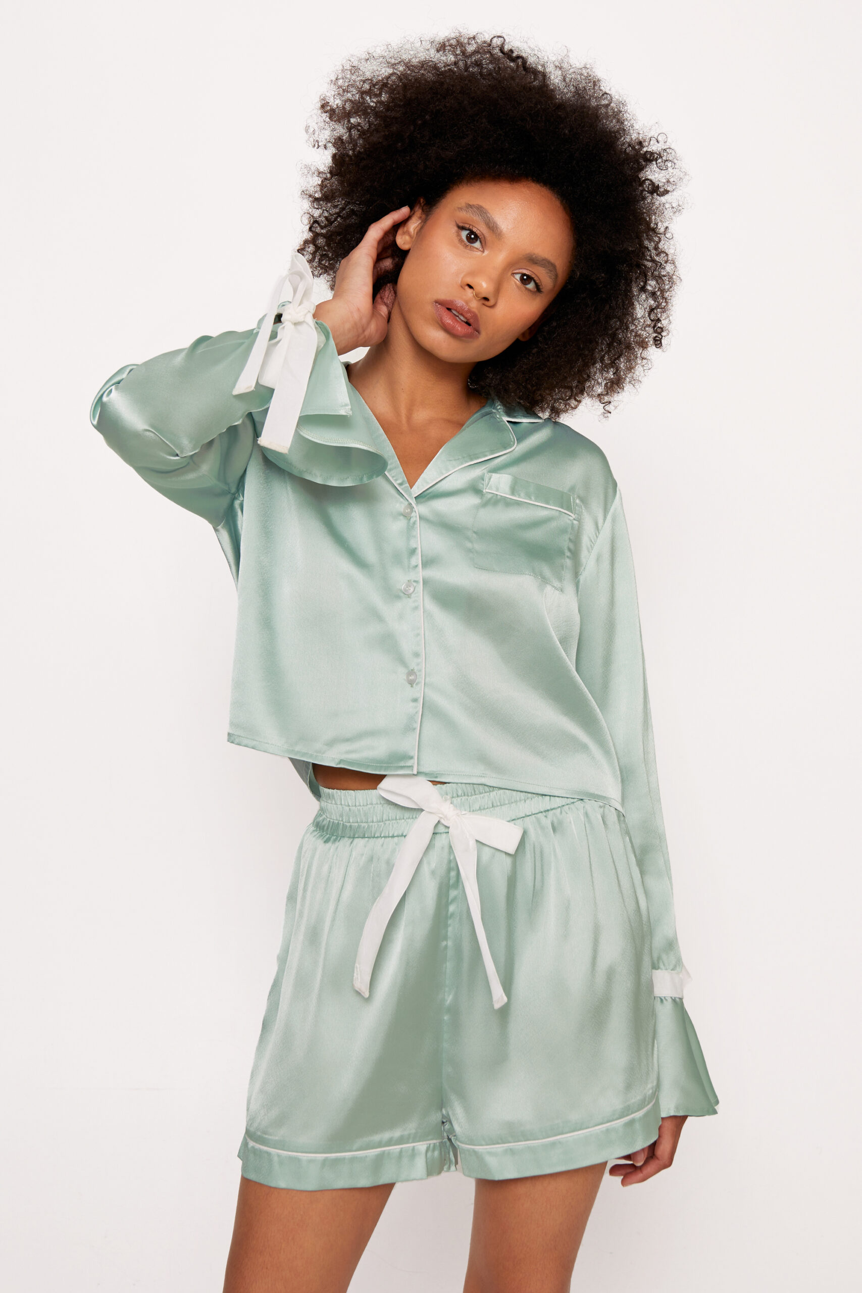 Satin Contrast Tie Cuff Pajama Shirt And Shorts Set