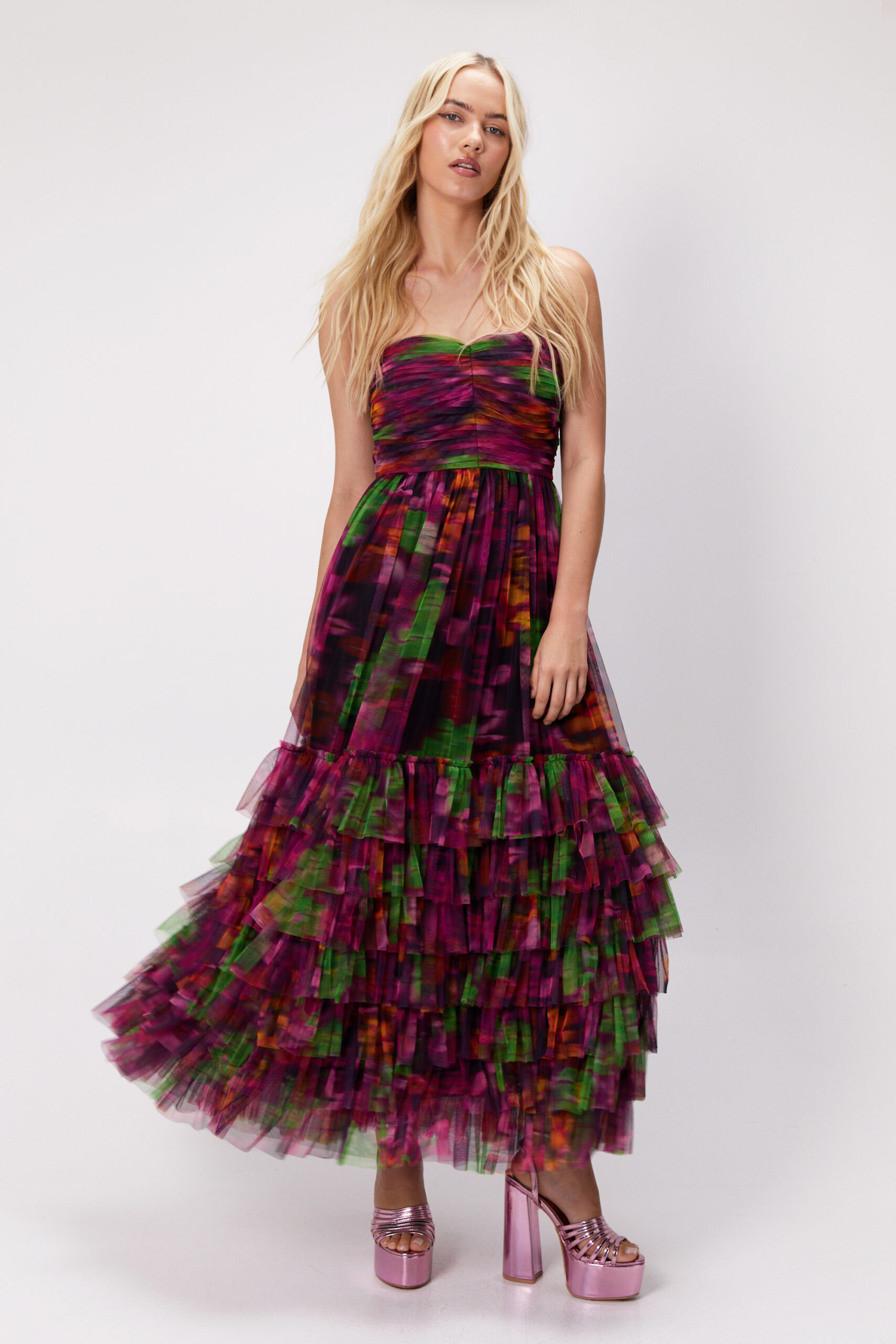 Floral Print Tulle Bandeau Maxi Dress