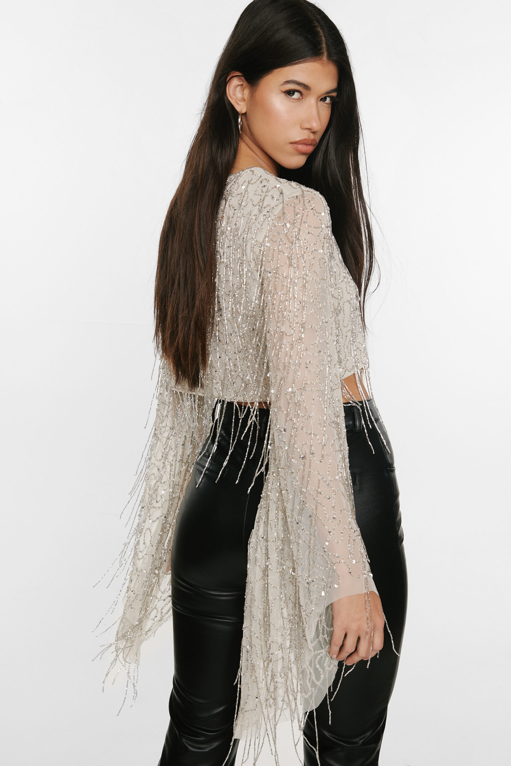 Flare Sleeve Tassel Sequin Crop Top