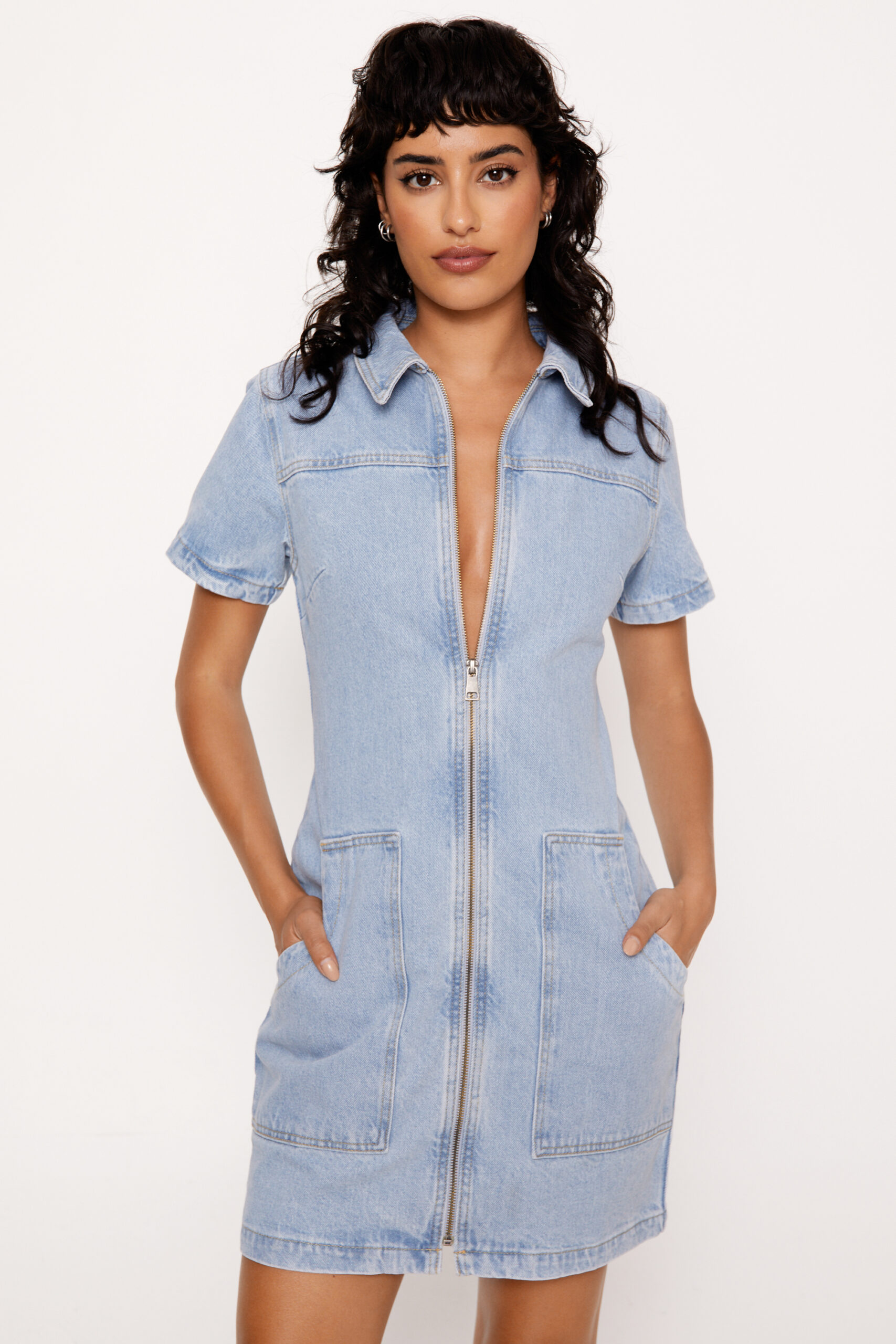 Zip Through Short Sleeve Denim Mini Dress